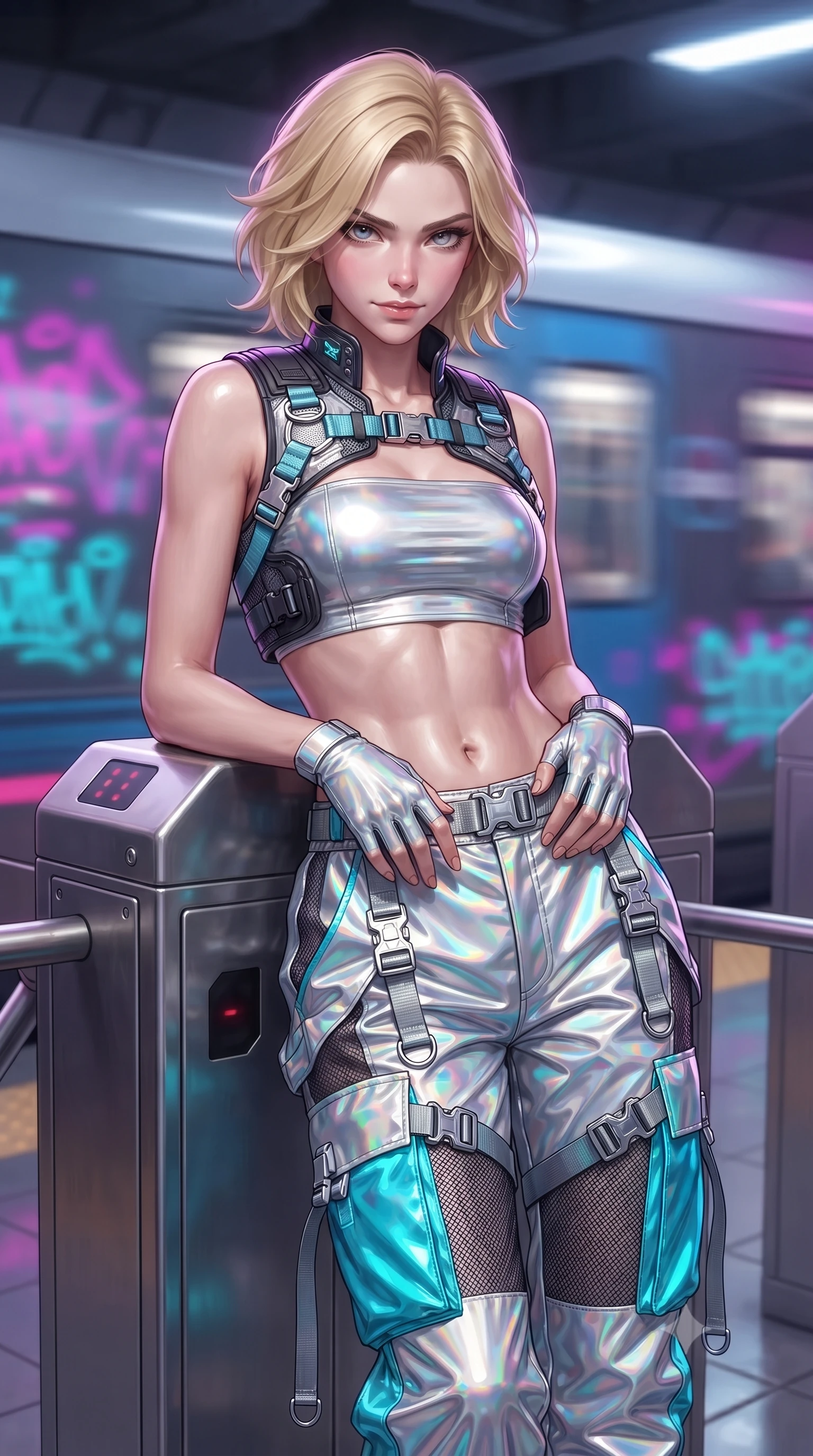 score_9, masterpiece, best quality, ultra-detailed, high-budget anime keyframe, editorial fashion photography, tasteful artistic composition, Caucasian woman. close-up cowboy shot from the waist and thighs up, the character dominates the composition, filling the frame with her large presence. holding her hands loosely in front with regal, aristocratic poise, radiating an overwhelming high-society aura while leaning against a retro-futuristic metallic subway turnstile with a fierce, rebellious streetwear smirk. The composition keeps background elements in soft focus with creamy bokeh. speeding maglev train motion blur and glowing neon graffiti tags blurred into vivid magenta, cyan, and violet bokeh. She has an exceptionally elegant, slender, and willowy female figure with an ultra-slim waist, a gracefully sculpted slender torso, toned flat midriff, and a refined slim silhouette. sharp v-shaped jawline, high-bridge nose, intricate jewel-like eyes with depth, thick eyelashes, glossy lips with a natural sheen, captivating and magnetic expression, flawlessly proportioned anatomical accuracy, strict slender model proportions, natural body alignment, perfectly sculpted long slender limbs, ultra-slim waistline, clean dynamic posture without body distortion. wearing a futuristic cropped tech-harness vest worn over a silver reflective tube top and high-rise metallic parachute cargo pants in holographic silver and electric cyan, crafted from high-gloss metallic ripstop nylon and flexible carbon mesh, detailed with heavy-duty chrome quick-release buckles and D-ring straps edition #18, the glove-like aerodynamic second-skin fit tightly clinging to her ultra-slender waist and athletic curves without adding bulk, accentuating her razor-sharp statuesque lines and slim hourglass silhouette. illuminated by crisp specular highlights defining her toned flat midriff and athletic curves. ultra-reflective glossy finish, specular highlights, rich textural contrasts, high-contrast stereoscopic depth, volumetric dynamic lighting, 2k, ultra detail, master piece, 9:16 ratio
