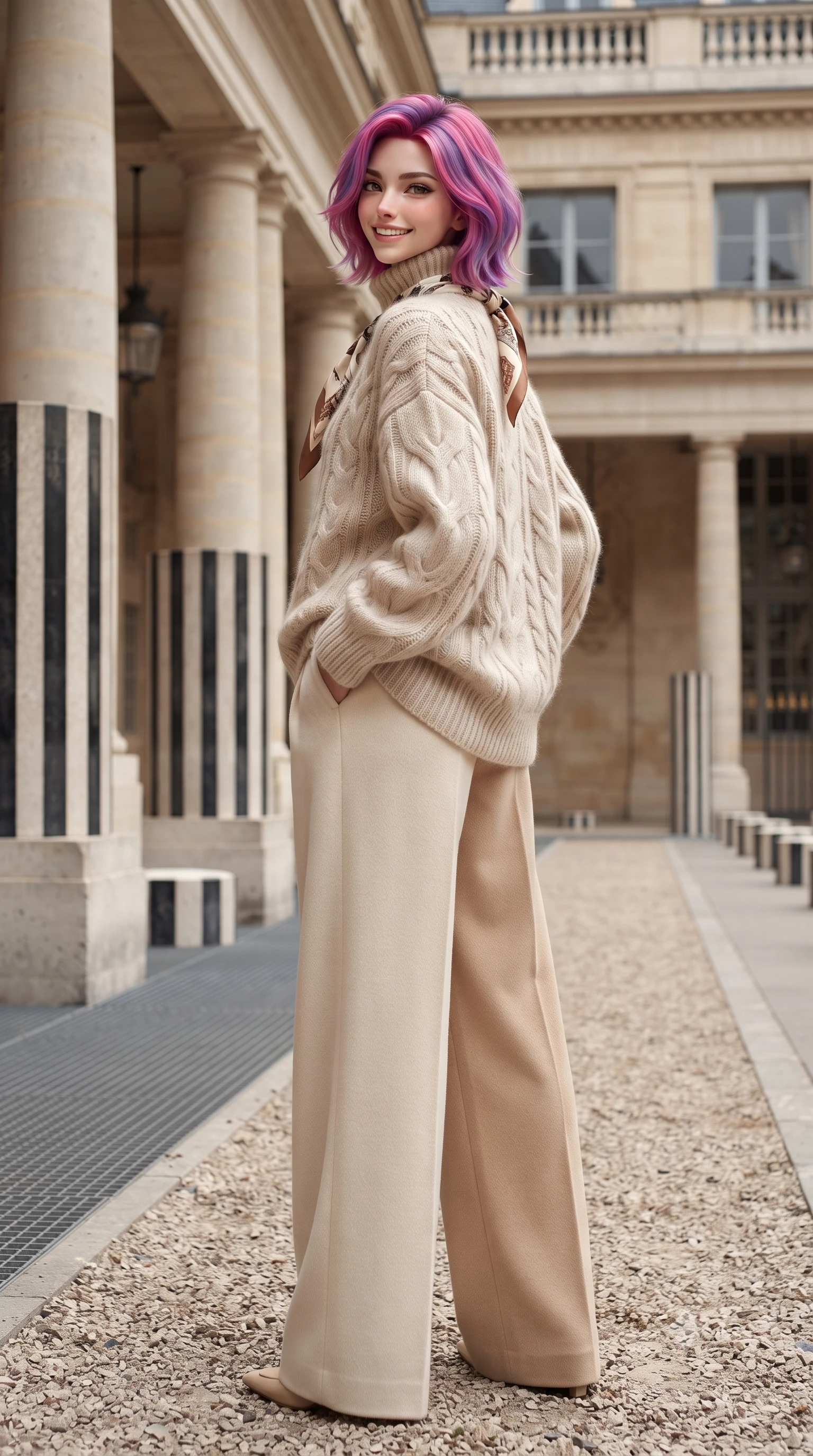 score_9, masterpiece, best quality, ultra-detailed, high-budget anime keyframe, editorial fashion photography, tasteful artistic composition, Caucasian woman. low angle full-body shot from head to toe showing her feet, filling the entire 9:16 vertical frame with her statuesque presence, stretching her vertical silhouette. pausing along the promenade and turning back toward the camera with an infectious, delightful smile and perfect posture while pausing at the edge of the striped Buren columns, striking a commanding fashion editorial stance with hands in tailored coat pockets. The surrounding environment is rendered in vivid detail and crisp panoramic clarity: sharp stone chisel marks on column bases, gravel pathway texture, and architectural cornice dentils in deep focus. She has an exceptionally tall and slender model-like 8.5-heads proportion, an ultra-slim waist, a flat toned midriff, narrow delicate ribcage, and beautifully sculpted feminine hips creating a graceful, slim hourglass silhouette without any bulky heaviness, with impossibly long slender legs. sharp v-shaped jawline, high-bridge nose, intricate jewel-like sparkling eyes with depth, thick eyelashes, glossy parted lips with a natural peach sheen, bright cheerful beaming smile with an enchanting and coquettish sensual glint, exuding both youthful cute charm and seductive allure, flawlessly proportioned anatomical accuracy, strict slender model proportions, natural body alignment, perfectly sculpted long slender limbs, ultra-slim waistline, clean dynamic posture without body distortion. wearing an oversized chunky cable-knit cashmere roll-neck sweater paired with brushed wool flannel wide-leg trousers in soft champagne ivory and warm biscuit beige, woven from plush alpaca yarn with a cloud-like fuzzy texture and soft halo, finished with a printed silk twilly scarf knotted gracefully around her neck, the sharp shoulder tailoring and gently nipped waist framing her slender torso with pristine sartorial perfection. illuminated by pale gravel courtyard bounce and sharp warm-gold rim lights defining her cheekbones and statuesque model proportions. ultra-reflective glossy finish, specular highlights, rich textural contrasts, high-contrast stereoscopic depth, volumetric dynamic lighting, 2k, ultra detail, master piece, 9:16 ratio