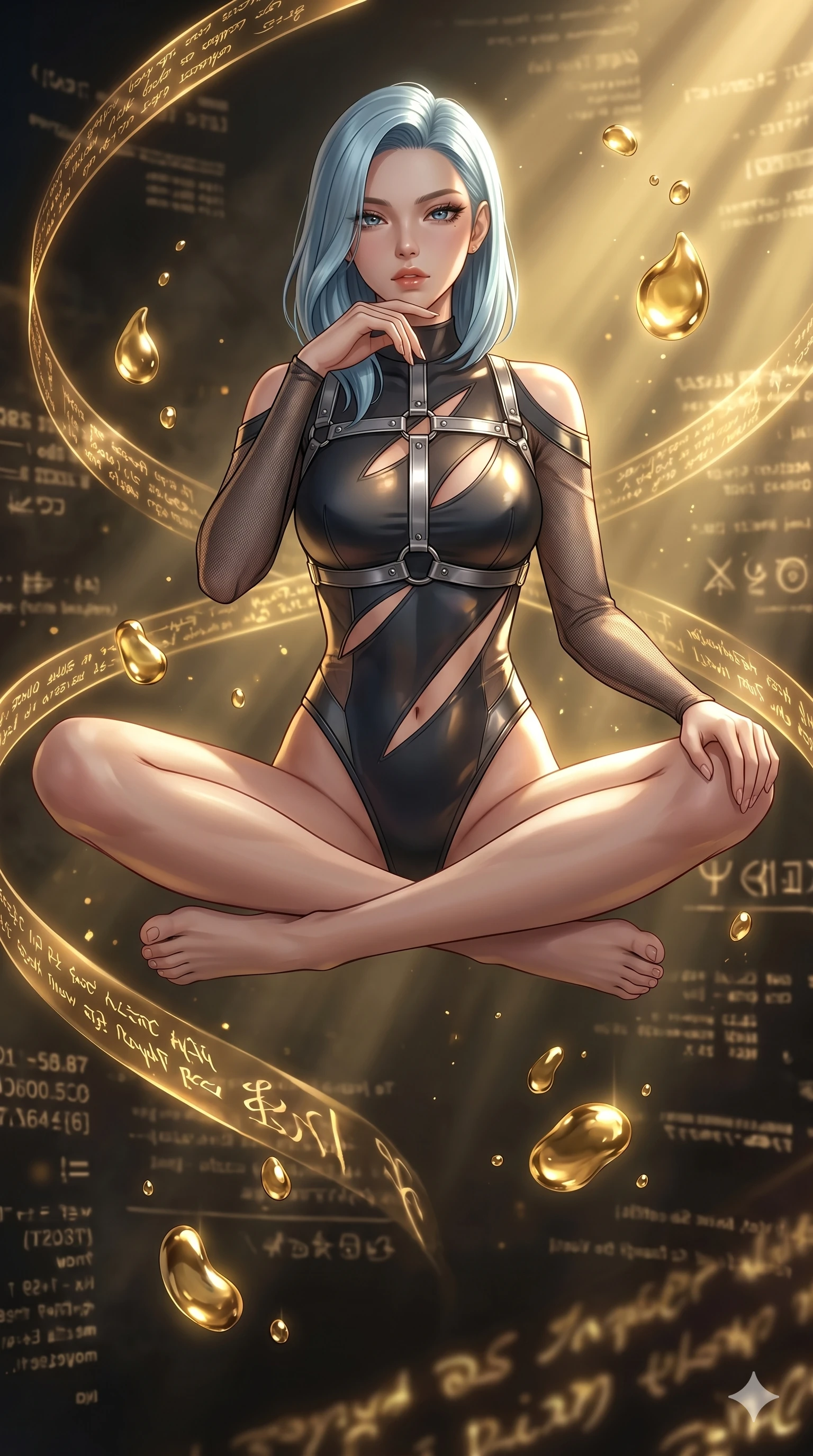 score_9, masterpiece, best quality, ultra-detailed, high-budget anime keyframe, Korean woman. Upper body close-up from the thighs up, character filling the screen for maximum presence. She is sitting cross-legged mid-air, levitating amidst swirling golden script ribbons and floating liquid gold droplets. She rests her chin on her fingers, looking down with a sultry, commanding glance. She has an absolutely perfect 8-heads proportion, an exceptionally tall and slender female figure with impossibly long slender legs and an ultra-slim waist. V-shaped jawline, high-bridge nose, intricate jewel-like eyes with depth, thick eyelashes, glossy lips with a natural sheen. She is wearing an ultra-sleek high-cut tech-bodysuit featuring dangerous diagonal slitted cutouts on the midriff and shoulders, reinforced by a metallic silver harness and sheer mesh sleeves. The scene is lit by intense, warm golden ambient light and sharp volumetric sunbeams cutting through volumetric fog. 2k, ultra detail, master piece, 9:16 ratio
