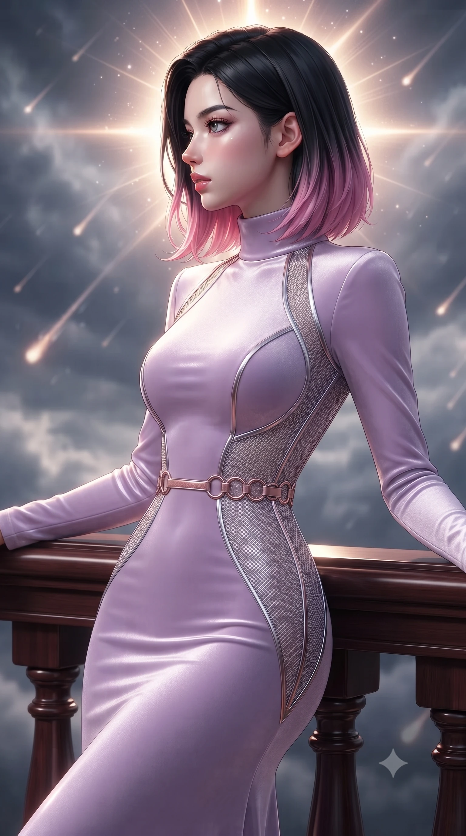 score_9, masterpiece, best quality, ultra-detailed, high-budget anime keyframe, editorial fashion photography, tasteful artistic composition, Korean woman. close-up cowboy shot from the waist and thighs up, the character dominates the composition, filling the frame with her large presence, background elements kept in soft focus. Turning her face in sharp dramatic profile against the radiant light, resting against a mahogany balustrade under a sky full of falling meteors, intellectual composed expression with direct magnetic gaze. She has an exceptionally elegant, slender, and willowy female figure with an ultra-slim waist, a gracefully sculpted slender torso, and a refined silhouette. sharp v-shaped jawline, high-bridge nose, intricate jewel-like eyes with depth, thick eyelashes, glossy lips with a natural sheen. wearing floor-length high-neck champagne silk velvet gown with long sleeves in pastel lavender violet, made of fine silver contouring mesh, trimmed with rose-gold ring hardware along the waist contours, sculpting her athletic slender build with refined precision. surrounded by a glowing starlight aura with sharp specular highlights. ultra-reflective glossy finish, specular highlights, metallic sheen, high-contrast stereoscopic depth, volumetric dynamic lighting, 2k, ultra detail, master piece, 9:16 ratio