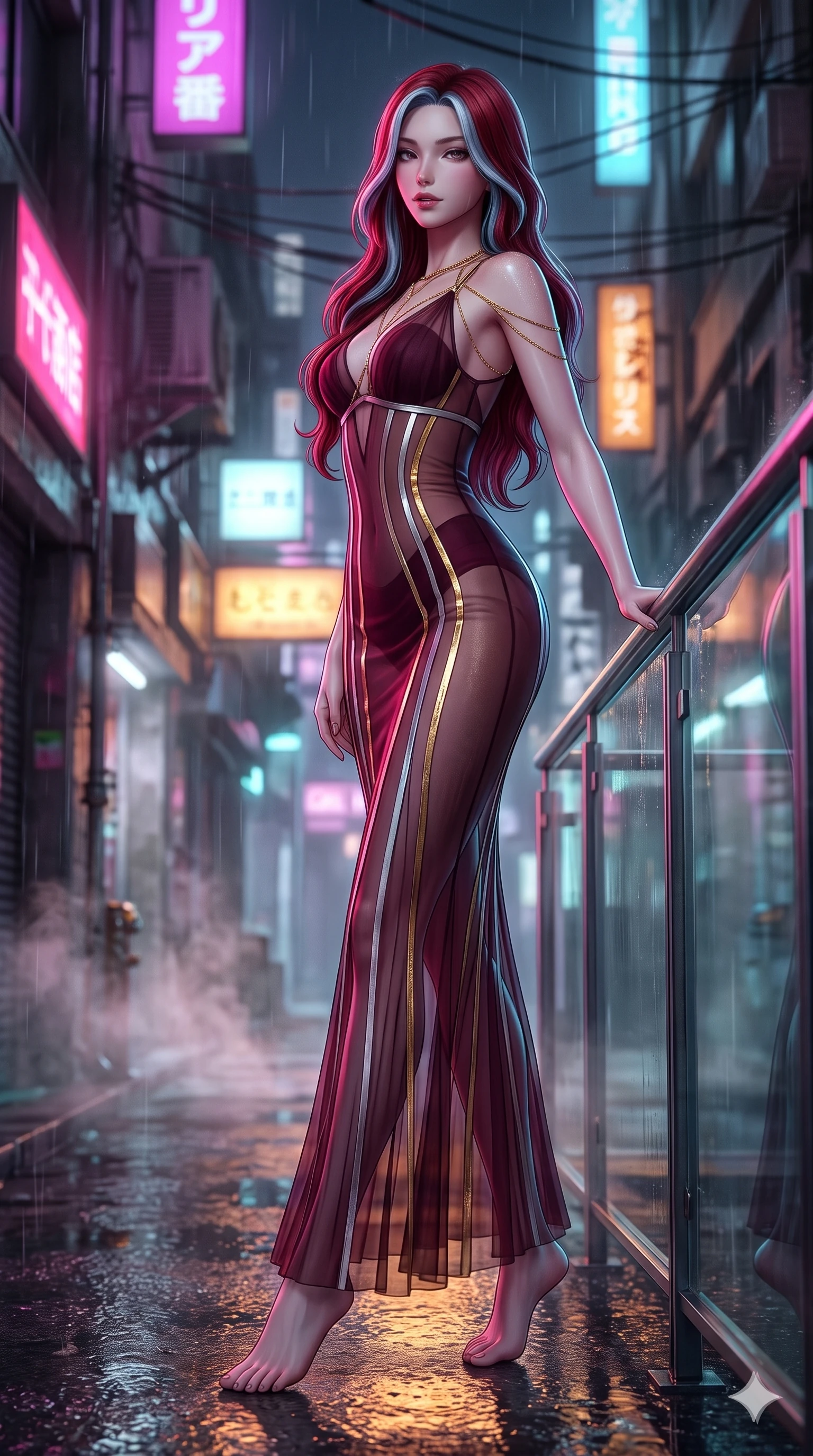 score_9, masterpiece, best quality, ultra-detailed, high-budget anime keyframe, semi-realistic 3D game render, editorial fashion photography, tasteful artistic composition, Caucasian woman. low angle full-body shot from head to toe showing her feet, filling the entire 9:16 vertical frame with her statuesque presence, stretching her vertical silhouette. leaning back against the sleek glass parapet with hips cocked back, casting an intoxicating, sultry bedroom-gaze over a bare shoulder toward the lens while stepping forward out of the misty alley shadows with hypnotic poise, hips swaying in an alluring supermodel rhythm. The background shows a soft-focus nocturnal Tokyo alleyway softened in atmospheric rain shallow focus. She has an exceptionally tall and slender model-like 8.5-heads proportion, an ultra-slim waist, a flat toned midriff, narrow delicate ribcage, and beautifully sculpted feminine hips creating a graceful, slim hourglass silhouette without any bulky heaviness, with impossibly long slender legs. sharp v-shaped jawline, high-bridge nose, intricate jewel-like dark sparkling eyes with dangerous depth, thick curled eyelashes, glossy parted lips with a rich wine sheen, smoldering seductive half-smile with bedroom-eyes, exuding effortless superiority and intoxicating dark allure, flawlessly proportioned anatomical accuracy, strict slender model proportions, natural body alignment, perfectly sculpted long slender limbs, ultra-slim waistline, clean dynamic posture without body distortion. wearing a plunge-front sheer illusion tulle slip dress with liquid platinum ribbon stripes hugging her curves in deep wine burgundy and lustrous gold foil, crafted from semi-sheer pleated silk chiffon layered over an opaque second-skin underlayer, accented with a gold body chain harness subtly framing her dewy collarbones and spine, the glove-like silhouette tightly following the natural contour of her hips and long slender legs with youthful 8.5-heads elegance. illuminated by steam-lit ground bounce and sharp fuchsia-cyan rim lights defining her razor-sharp jawline, narrow waist, and curvy hips. highly saturated vibrant anime colors, detailed shading with soft gradients, rich glossy textures, high-contrast stereoscopic depth, volumetric dynamic lighting, master piece, 9:16 ratio
