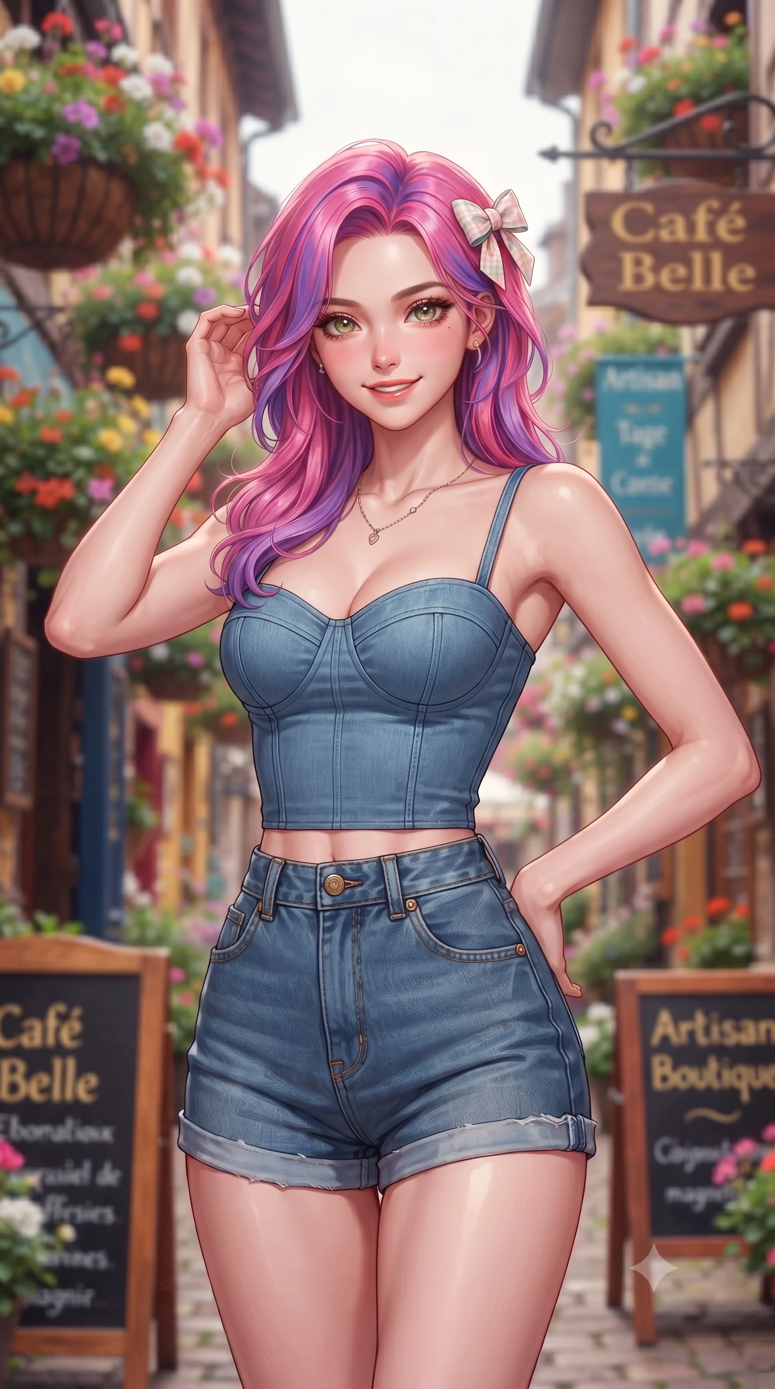 score_9, masterpiece, best quality, ultra-detailed, high-budget anime keyframe, editorial fashion photography, tasteful artistic composition, Caucasian woman. close-up cowboy shot from the waist and thighs up, the character dominates the composition, filling the frame with her large presence, background elements kept in soft focus. smiling cutely with an air of effortless superiority and magnetic charm set against a soft-focus background of in a colorful alley decorated with hanging flower baskets and wooden signs holding a cute handmade ribbon hair clip, looking at the camera. She has an exceptionally elegant, slender, and willowy female figure with an ultra-slim waist, a gracefully sculpted slender torso, and a refined silhouette. sharp v-shaped jawline, high-bridge nose, intricate jewel-like eyes with depth, thick eyelashes, glossy lips with a natural sheen. wearing body-hugging tailored cotton bustier top paired with high-waist denim shorts. soft diffused daylight creating a warm, cozy and nostalgic atmosphere. highly saturated vibrant anime colors, detailed shading with soft gradients, rich glossy textures, high-contrast stereoscopic depth, volumetric dynamic lighting, master piece, 9:16 ratio