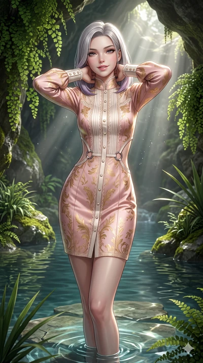 Caucasian woman. resting both hands lightly behind her neck with elbows raised, arching her spine to highlight her narrow waist, flat midriff, and breathtaking collarbones while standing poised on a submerged flagstone in the still grotto pool, arching her lower back with sovereign supermodel grace. The surrounding environment is rendered in...