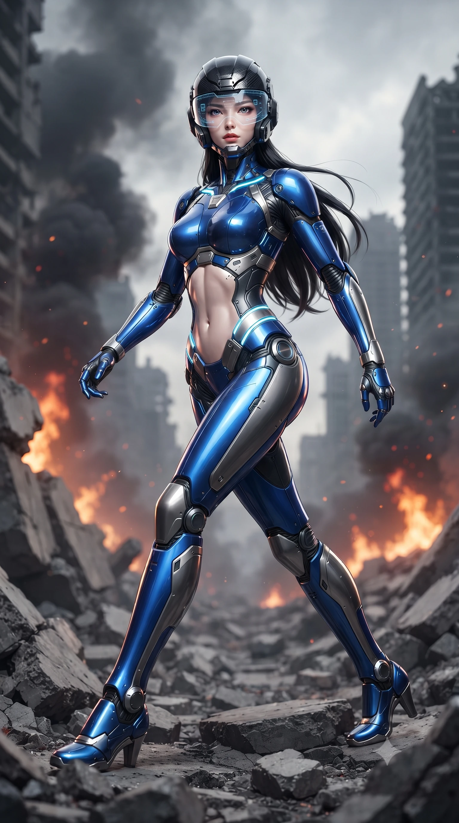 score_9, masterpiece, best quality, ultra-detailed, high-budget anime keyframe, editorial fashion photography, tasteful artistic composition, Korean woman. low angle full-body shot from head to toe showing her feet, filling the entire 9:16 vertical frame with her statuesque presence, stretching her vertical silhouette. striding forward with sovereign warrior elegance in a low, predatory combat advance through the ruins, hips swaying with fierce athletic poise while pivoting dynamically on crumbling concrete rubble as black smoke plumes and distant emergency fires illuminate her statuesque silhouette. The composition keeps background elements in soft focus with creamy bokeh. raging horizon fires and shattered skyscraper silhouettes blurred into dramatic charcoal, amber, and blood-crimson bokeh. She has an absolutely perfect, statuesque 8.5-heads proportion, an exceptionally tall and slender model-like female figure with impossibly long slender legs, a toned flat midriff, and an ultra-slim waist. sharp v-shaped jawline, high-bridge nose, intricate jewel-like eyes with depth, thick eyelashes, glossy lips with a natural sheen, fierce and resolute heroine expression, flawlessly proportioned anatomical accuracy, strict slender model proportions, natural body alignment, perfectly sculpted long slender limbs, ultra-slim waistline, clean dynamic posture without body distortion. wearing an open-face aerodynamic carbon-fiber combat helmet with a retracted transparent holographic HUD visor framing her sharp jawline and jewel-like eyes, paired with an ultra-sleek high-gloss carbon-composite exoskeleton suit featuring kinetic shock-absorbing shin guards and flexible limb articulation joints in electric cobalt blue carbon with brushed platinum tactical trim, crafted from ultra-strong woven carbon-fiber composite with battle-tested satin luster, accented with glowing fiber-optic telemetry conduits tracing her collarbones and hip curves, the form-contouring material adhering flawlessly to her sculpted flat midriff and slender torso, emphasizing her long leg lines and perfectly proportioned willowy build. illuminated by crisp white key lighting with sharp specular highlights tracing her sculpted armor and slender curves. ultra-reflective glossy finish, specular highlights, dark metallic sheen, high-contrast stereoscopic depth, volumetric dynamic lighting, 2k, ultra detail, master piece, 9:16 ratio