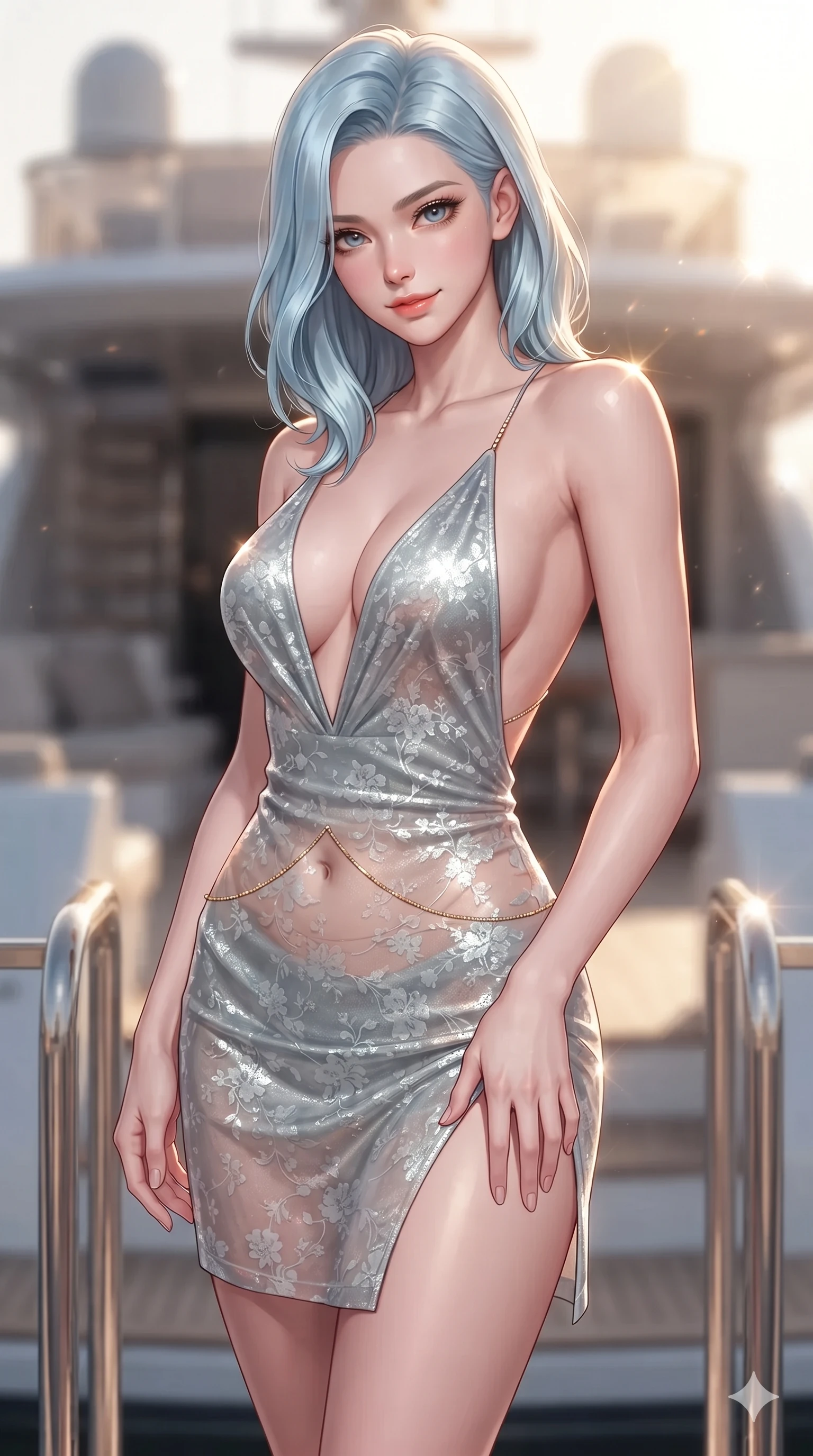 score_9, masterpiece, best quality, ultra-detailed, high-budget anime keyframe, editorial fashion photography, tasteful artistic composition, Korean woman. close-up cowboy shot from the waist and thighs up, the character dominates the composition, filling the frame with her large presence. tilting her head with a teasing half-smile, running one hand slowly down the side of her hip in a flirtatious S-curve as ambient light caresses her silhouette while twisting her slender torso in an alluring S-curve beside the stainless steel yacht transom gate, shimmering harbor reflections tracing her flat midriff and curvy hips. The background shows a soft-focus exclusive superyacht stern lounge softened in luxury harbor shallow focus. She has an exceptionally elegant, slender, and willowy female figure with an ultra-slim waist, flat toned midriff, narrow ribcage, and sculpted feminine hips creating an alluring, slim hourglass silhouette without bulk. sharp v-shaped jawline, high-bridge nose, sparkling eyes with hypnotic seductive depth, thick curled eyelashes, glossy parted lips with a natural dewy peach sheen, alluring bedroom-eyes with an enchanting coquettish smile, exuding magnetic siren charisma and sophisticated glamour, flawlessly proportioned anatomical accuracy, strict slender model proportions, natural body alignment, perfectly sculpted long slender limbs, ultra-slim waistline, clean dynamic posture without body distortion. wearing a backless crushed velvet mini dress with a deep plunging neckline and hip-high thigh slit in shimmering silver mercury and sunlit seafoam pearl, made of sheer contouring power-mesh with delicate floral flocking patterns, accented with a dainty gold belly chain resting across her flat midriff and curving hips, the impeccably tailored cut draping gracefully along her slender figure with aristocratic resort poise. bathed in the blinding, warm 2800K late-afternoon sun rays casting dazzling specular highlights along her silhouette. ultra-reflective glossy finish, specular highlights, rich textural contrasts, high-contrast stereoscopic depth, volumetric dynamic lighting, 2k, ultra detail, master piece, 9:16 ratio