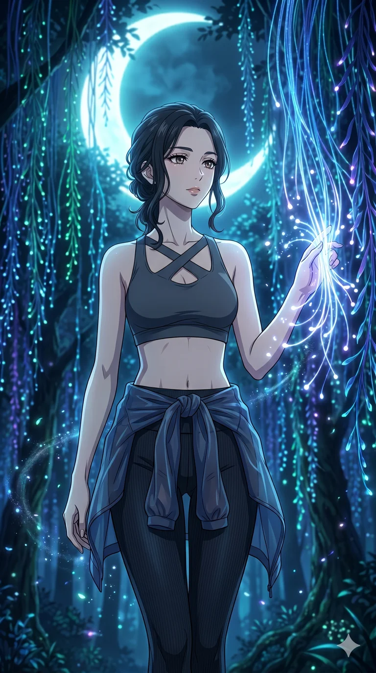 score_9, masterpiece, best quality, ultra-detailed, High-budget Anime Keyframe, vibrant colors, fluid line-art, expressive lighting, cinematic composition, Ufotable-style visual effects, top-tier animation quality, Japanese woman with delicate and elegant anime-inspired features. Upper body close-up from the thighs up, character filling the screen for maximum presence. Walking through a forest of fiber-optic vines that react to her touch by glowing brighter. She has an absolutely perfect 8-heads proportion, an exceptionally tall and slender female figure with impossibly long slender legs and an ultra-slim waist, her statuesque height and towering silhouette dominating the vertical 9:16 frame. Her face is a masterpiece featuring a sharp v-shaped jawline, high-bridge nose, intricate jewel-like eyes with depth, thick eyelashes, and glossy lips with a natural sheen. She is wearing a Premium ribbed leggings with a matching cross-back sports bra, semi-transparent windbreaker tied around the waist, and an exposed midriff.. The scene is set in a mystical grove under a giant glowing moon that illuminates the fiber-optic flora. 2k, ultra detail, master piece, 9:16 ratio