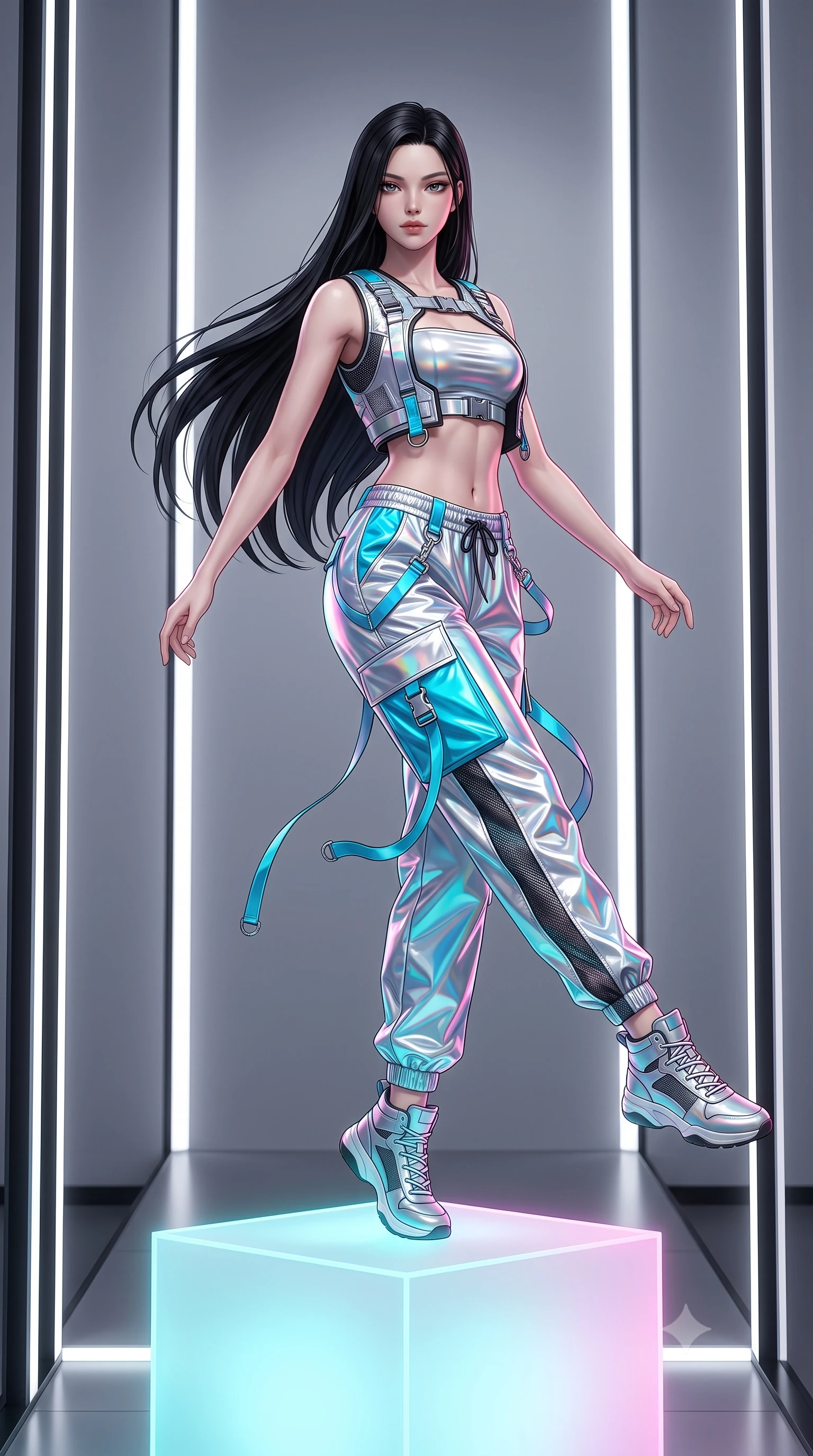 score_9, masterpiece, best quality, ultra-detailed, high-budget anime keyframe, semi-realistic 3D game render, editorial fashion photography, tasteful artistic composition, Korean woman. low angle full-body shot from head to toe showing her feet, filling the entire 9:16 vertical frame with her statuesque presence, stretching her vertical silhouette. executing an elegant mid-motion spin with effortless grace, her garments fluttering softly around her ultra-slim waistline while sitting poised atop a frosted neon cube with one leg extended, her statuesque silhouette framed by vertical light bars. The surrounding environment is rendered in vivid detail and crisp panoramic clarity. ultra-modern minimalist gallery chiaroscuro and precision-engineered light art aesthetics in sharp focus. She has an absolutely perfect, statuesque 8.5-heads proportion, an exceptionally tall and slender model-like female figure with impossibly long slender legs, a toned flat midriff, and an ultra-slim waist. sharp v-shaped jawline, high-bridge nose, intricate jewel-like eyes with depth, thick eyelashes, glossy lips with a natural sheen, captivating and magnetic expression, flawlessly proportioned anatomical accuracy, strict slender model proportions, natural body alignment, perfectly sculpted long slender limbs, ultra-slim waistline, clean dynamic posture without body distortion. wearing a futuristic cropped tech-harness vest worn over a silver reflective tube top and high-rise metallic parachute cargo pants in holographic silver and electric cyan, crafted from high-gloss metallic ripstop nylon and flexible carbon mesh, detailed with heavy-duty chrome quick-release buckles and D-ring straps edition #19, the sleek tailored cut tightly hugging her graceful clavicle, narrow waist, and feminine curves with statuesque precision. illuminated by clean geometric specular highlights tracing her sculpted torso and legs. highly saturated vibrant anime colors, detailed shading with soft gradients, rich glossy textures, high-contrast stereoscopic depth, volumetric dynamic lighting, master piece, 9:16 ratio