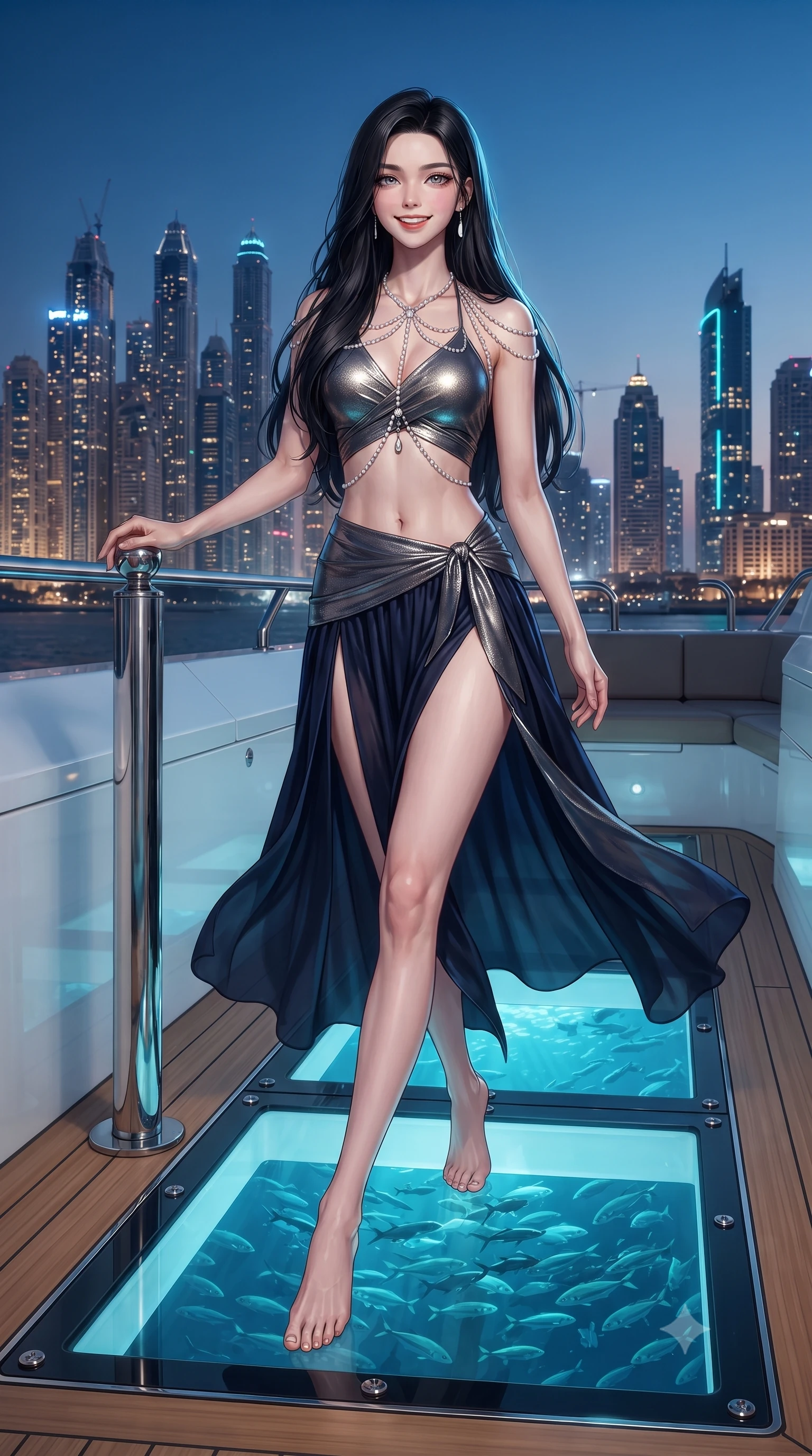 score_9, masterpiece, best quality, ultra-detailed, high-budget anime keyframe, editorial fashion photography, tasteful artistic composition, Korean woman. low angle full-body shot from head to toe showing her feet, filling the entire 9:16 vertical frame with her statuesque presence, stretching her vertical silhouette. stepping forward in a confident stride, her long slender legs and curvaceous hips creating a dynamic, sweeping vertical line while leaning against the yacht mooring stanchion with hips cocked back, casting a smoldering bedroom-gaze toward the illuminated Dubai Marina skyline. The surrounding environment is rendered in vivid detail and crisp panoramic clarity: sharp tempered glass floor panels revealing sea fish below, polished stainless steel fasteners, and smooth teak borders in deep focus. She has an exceptionally tall and slender model-like 8.5-heads proportion, an ultra-slim waist, a flat toned midriff, narrow delicate ribcage, and beautifully sculpted feminine hips creating a graceful, slim hourglass silhouette without any bulky heaviness, with impossibly long slender legs. sharp v-shaped jawline, high-bridge nose, intricate jewel-like sparkling eyes with depth, thick eyelashes, glossy parted lips with a natural peach sheen, bright cheerful beaming smile with an enchanting and coquettish sensual glint, exuding both youthful cute charm and seductive allure, flawlessly proportioned anatomical accuracy, strict slender model proportions, natural body alignment, perfectly sculpted long slender limbs, ultra-slim waistline, clean dynamic posture without body distortion. wearing a modern Arabian-inspired metallic lame wrap top with bare midriff and a high-slit chiffon harem pant skirt in deep midnight navy and liquid starlight chrome, tailored from ultra-plush silk velvet with rich tactile depth and deep shadow gradients, accented with a pearl-drop body harness subtly framing her dewy collarbones and spine, the high-slit wrap tailoring accentuating her ultra-slim waistline and the enchanting curve of her feminine hips with alluring seductive charm. illuminated by glass floor upward bounce and sharp platinum-cyan rim lights defining her jawline, flat midriff, and feminine hips. ultra-reflective glossy finish, specular highlights, rich textural contrasts, high-contrast stereoscopic depth, volumetric dynamic lighting, 2k, ultra detail, master piece, 9:16 ratio