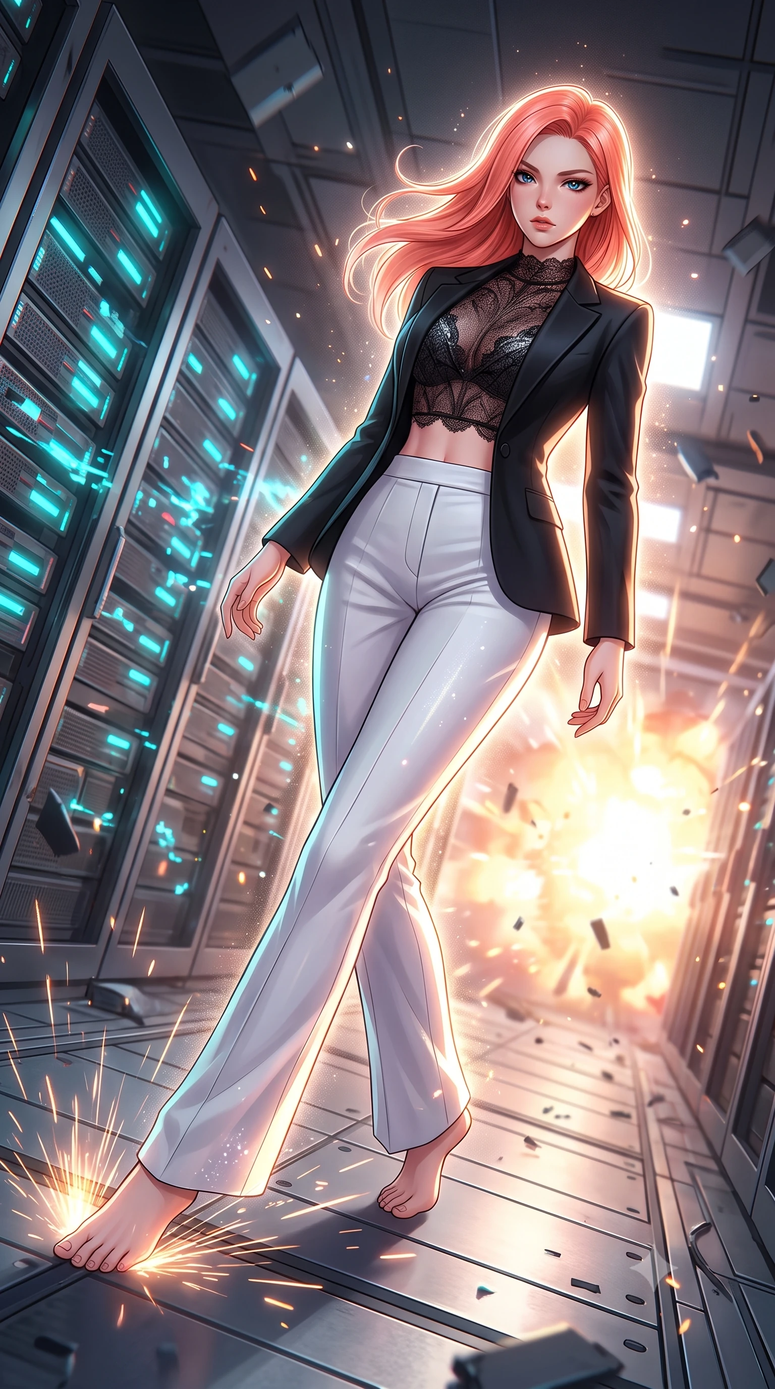 score_9, masterpiece, best quality, ultra-detailed, high-budget anime keyframe, editorial fashion photography, tasteful artistic composition, Japanese woman. low angle full-body shot from head to toe showing her feet, filling the entire 9:16 vertical frame with her statuesque presence, stretching her vertical silhouette. skidding across a metal flight deck as the starship tilts violently during battle inside a server corridor where server racks are glitching, cyan light indicators pulsing rapidly in chaotic patterns. She has a statuesque 8.5-heads proportion, an exceptionally tall, slender and willowy model-like build with impossibly long legs and a highly sculpted ultra-slim waist. sharp v-shaped jawline, high-bridge nose, intricate jewel-like eyes with depth, thick eyelashes, glossy lips with a natural sheen. wearing catching and diffusing the glowing particles, shimmering softly in response to the surrounding light, a body-hugging black blazer layered over a sheer lace crop top and high-waisted white wide-leg trousers. highly saturated vibrant anime colors, intense vivid color palette, soft 3D volumetric shading, volumetric dynamic lighting, dramatic backlight creating a radiant halo effect around her entire silhouette. 2k, ultra detail, master piece, 9:16 ratio