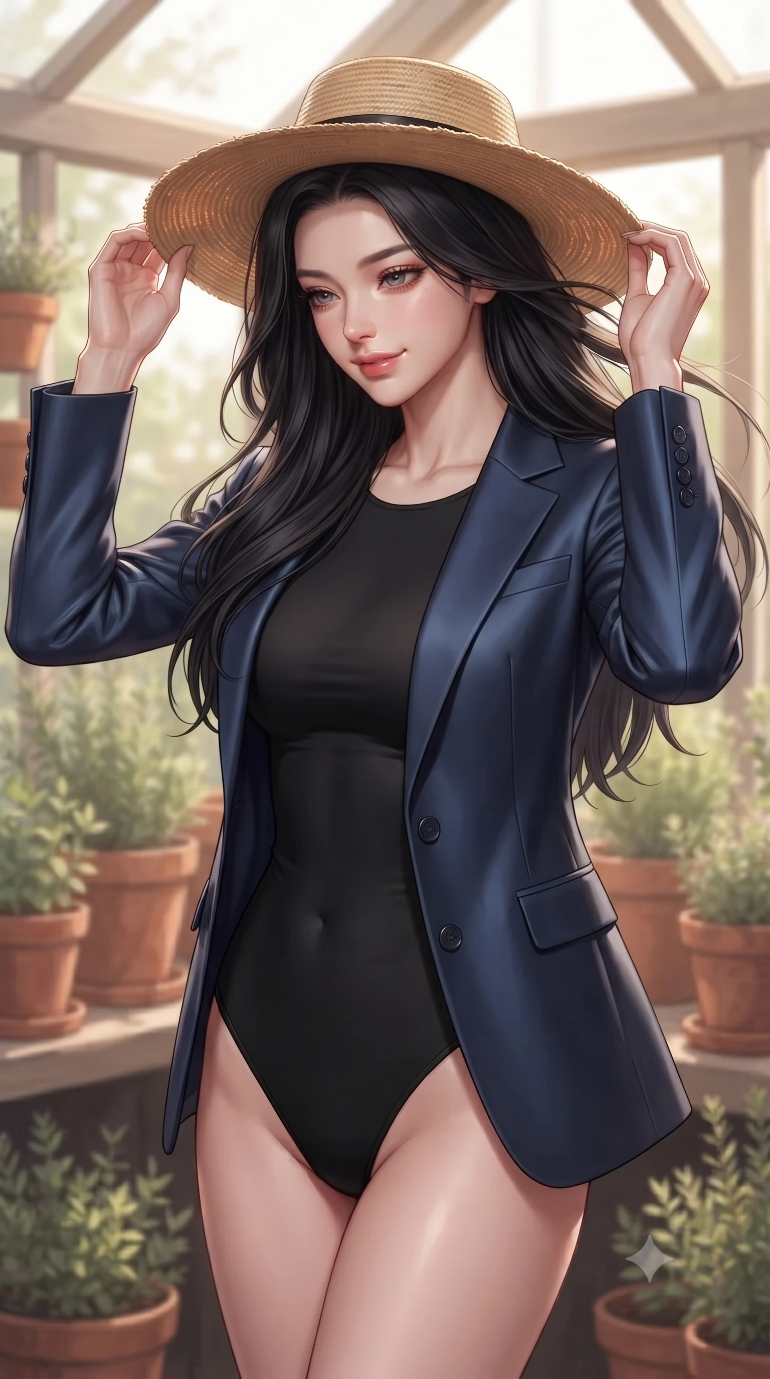 score_9, masterpiece, best quality, ultra-detailed, high-budget anime keyframe, editorial fashion photography, tasteful artistic composition, Korean woman woman. close-up cowboy shot from the waist and thighs up, the character dominates the composition, filling the frame with her large presence, background elements kept in soft focus. holding a wide-brimmed straw hat with both hands against the breeze, looking down with a soft smile the background shows a soft-focus a small wooden table inside a cozy garden greenhouse, surrounded by terracotta pots and herbs. She has an exceptionally elegant, slender, and willowy female figure with an ultra-slim waist, a gracefully sculpted slender torso, and a refined silhouette. sharp v-shaped jawline, high-bridge nose, intricate jewel-like eyes with depth, thick eyelashes, glossy lips with a natural sheen. wearing a slim-fit sleek tailored blazer in navy blue worn closed over a tight-fitting black bodysuit. warm, diffused daylight creating a quiet and productive mood. ultra-reflective glossy finish, specular highlights, metallic sheen, high-contrast stereoscopic depth, volumetric dynamic lighting, 2k, ultra detail, master piece, 9:16 ratio