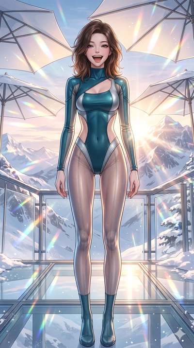 score_9, masterpiece, best quality, ultra-detailed, high-budget anime keyframe, vibrant anime aesthetic, Korean woman. cowboy shot from the thighs up, character and outfit filling the frame for maximum presence. She is leaning back with a cheerful wi