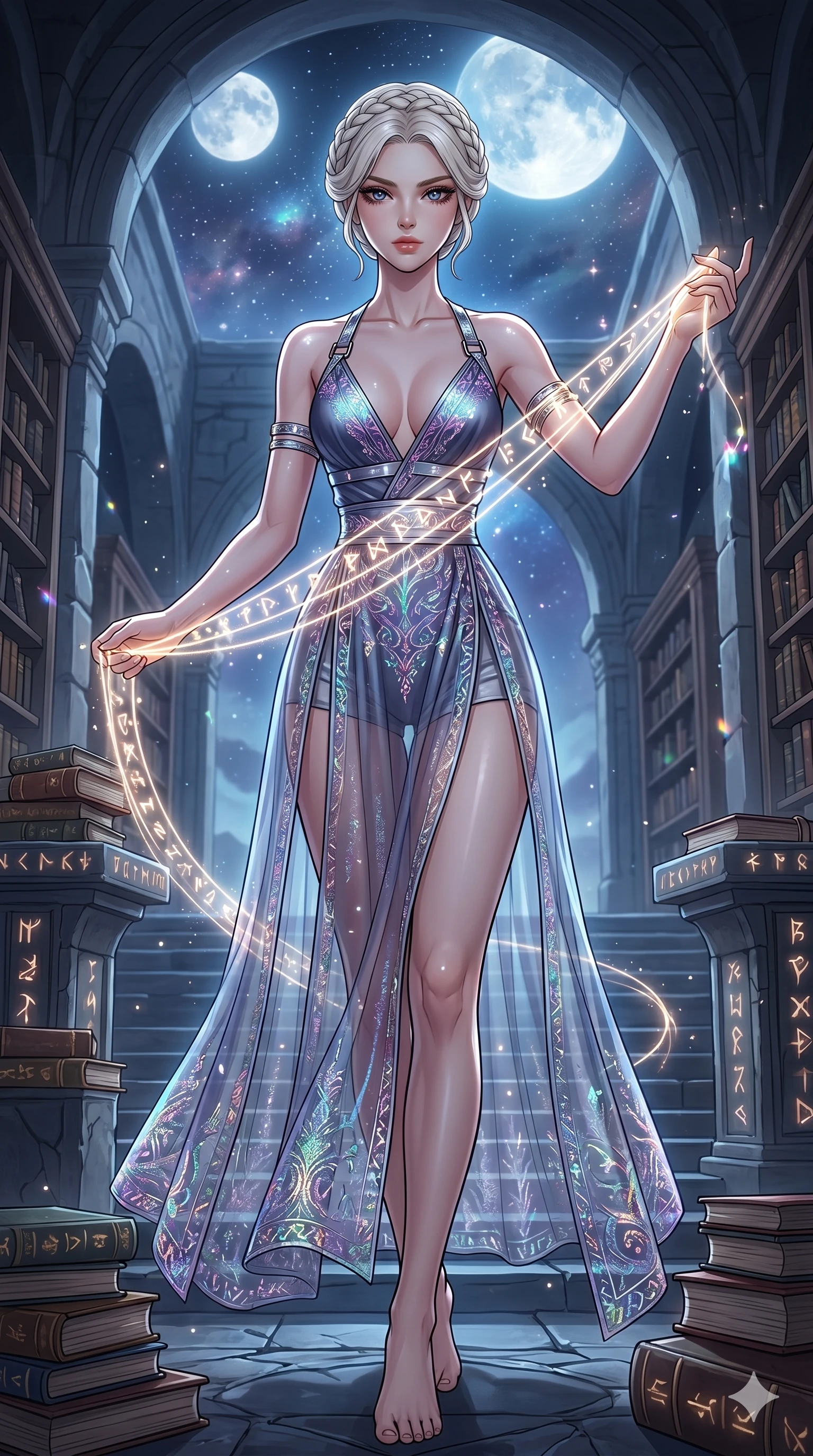 score_9, masterpiece, best quality, ultra-detailed, high-budget anime movie keyframe, cinematic anime lighting, intricate line art, Korean anime girl. Low angle cowboy shot filling the entire 9:16 frame with her statuesque presence. weaving threads of light in a ancient runic library under a twin-moon sky. She has an absolutely perfect 8-heads proportion, an exceptionally tall and slender female figure with an ultra-slim waist and impossibly long slender legs. sharp v-shaped jawline, high-bridge nose, intricate jewel-like eyes, thick eyelashes, glossy lips. Wearing modernized deep-plunging silk hanbok-fusion with metallic straps, a high-slit sheer skirt over micro-shorts, and holographic embroidered patterns. The scene is illuminated by dramatic atmospheric lighting and vibrant color palettes. 2k, ultra detail, master piece, 9:16 ratio