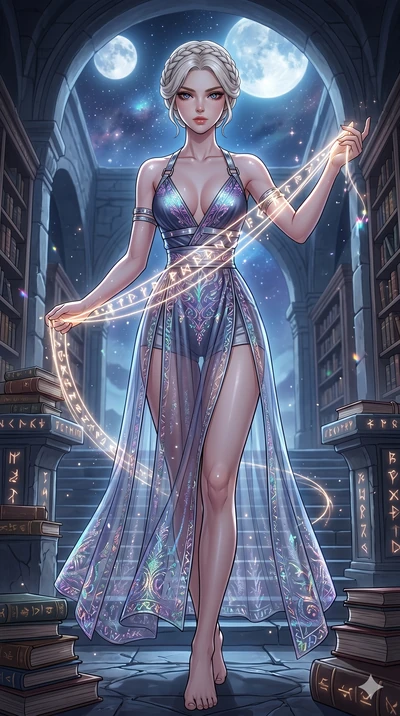 score_9, masterpiece, best quality, ultra-detailed, high-budget anime movie keyframe, cinematic anime lighting, intricate line art, Korean anime girl. Low angle cowboy shot filling the entire 9:16 frame with her statuesque presence. weaving threads o