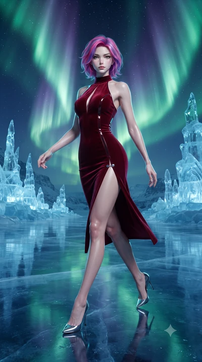 score_9, masterpiece, best quality, ultra-detailed, high-budget anime keyframe, editorial fashion photography, tasteful artistic composition, Caucasian woman. low angle full-body shot from head to toe showing her feet, filling the entire 9:16 vertica