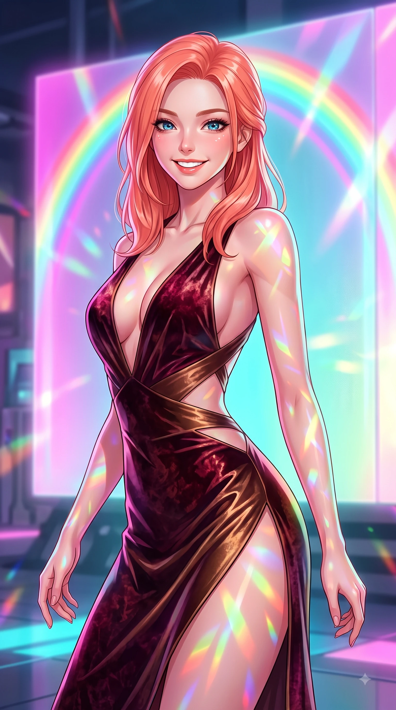 score_9, masterpiece, best quality, ultra-detailed, high-budget anime keyframe, editorial fashion photography, tasteful artistic composition, Japanese woman. close-up cowboy shot from the waist and thighs up, the character dominates the composition, filling the frame with her large presence, background elements kept in soft focus. Radiant bright smile with sparkling eyes directed right into the lens, her torso turning in a dynamic S-curve alignment while poised in a playful stance before a giant holographic canvas emitting luminous color arcs, a kaleidoscope of refractions forming colorful geometric light patterns on her skin. She has an exceptionally elegant, slender, and willowy female figure with an ultra-slim waist, a gracefully sculpted slender torso, and a refined silhouette. sharp v-shaped jawline, high-bridge nose, intricate jewel-like eyes with depth, thick eyelashes, glossy lips with a natural sheen, flawlessly proportioned anatomical accuracy, natural body alignment, perfectly sculpted elegant limbs, clean dynamic posture without body distortion. wearing a backless crushed velvet gown with a deep V-neckline and high thigh slit in deep burgundy and bronze, crafted from smooth liquid silk, featuring subtle geometric cutouts that highlight her ultra-slim midriff, the glove-like fit emphasizing her statuesque silhouette during motion. surrounded by a radiant glow of magenta, aqua, and golden fluid highlights. highly saturated vibrant anime colors, detailed shading with soft gradients, rich glossy textures, high-contrast stereoscopic depth, volumetric dynamic lighting, master piece, 9:16 ratio
