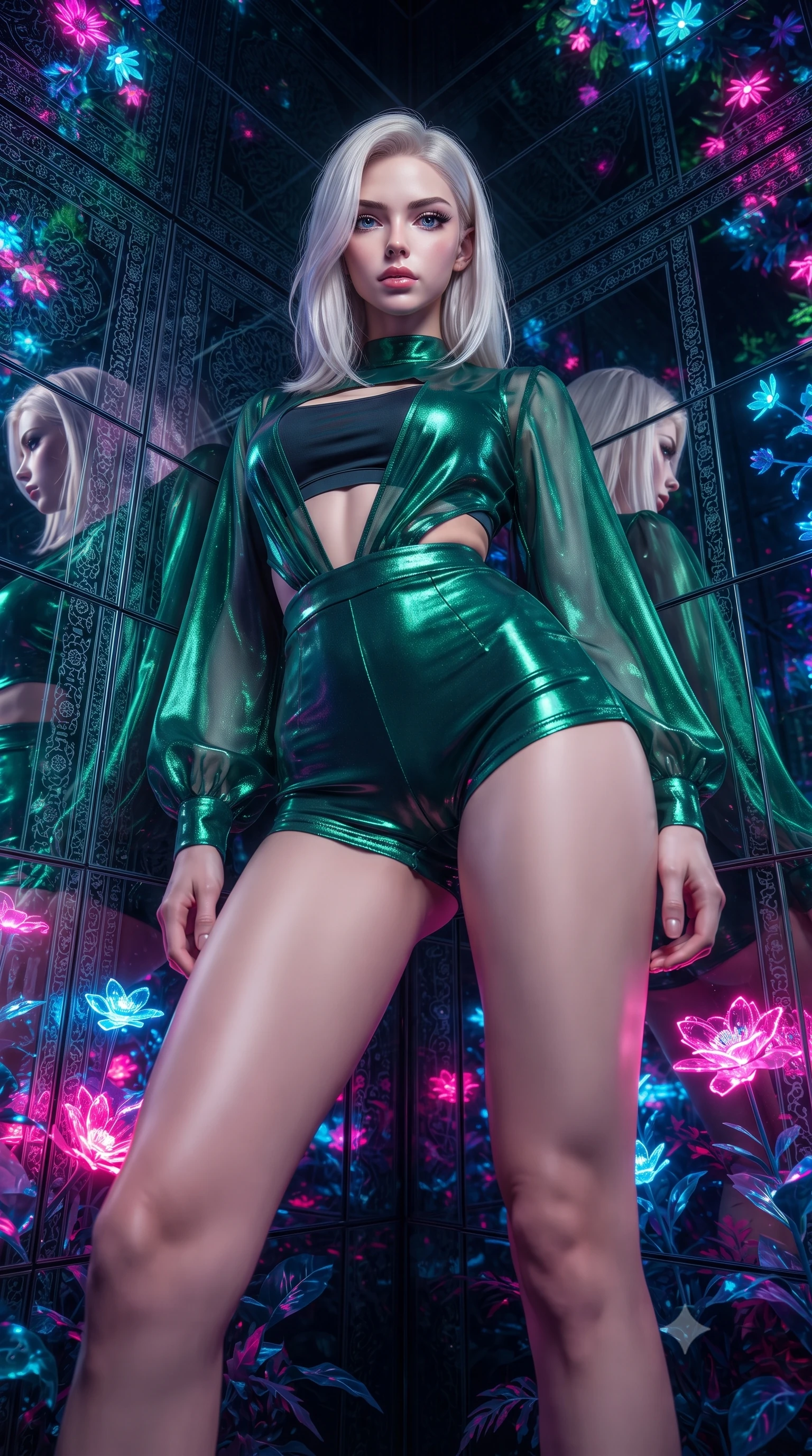 score_9, masterpiece, best quality, ultra-detailed, High-budget Anime Keyframe, editorial fashion photography, tasteful artistic composition, realistic cosplay photography, Caucasian woman, strictly human ears. Low angle cowboy shot filling the entire 9:16 frame with her statuesque presence. Scenario 449: leaning back against a wall of virtual mirrors in a virtual garden where neon flowers bloom in the dark. Her presence is magnetic and overpowering in this high-budget cinematic scene. Outfit 449: a tailored emerald green shimmering chiffon bodysuit worn over an opaque crop top and high-waisted shorts. The clothing is designed to emphasize her exceptionally tall and slender 8-heads proportion. 8-heads proportion, towering silhouette, ultra-slim waist. sharp v-shaped jawline, intricate jewel-like eyes with depth, thick eyelashes, glossy lips. ultra-reflective glossy finish, specular highlights, metallic sheen, high-contrast stereoscopic depth, volumetric dynamic lighting, 2k, ultra detail, master piece, 9:16 ratio