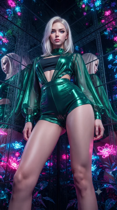 score_9, masterpiece, best quality, ultra-detailed, High-budget Anime Keyframe, editorial fashion photography, tasteful artistic composition, realistic cosplay photography, Caucasian woman, strictly human ears. Low angle cowboy shot filling the entir