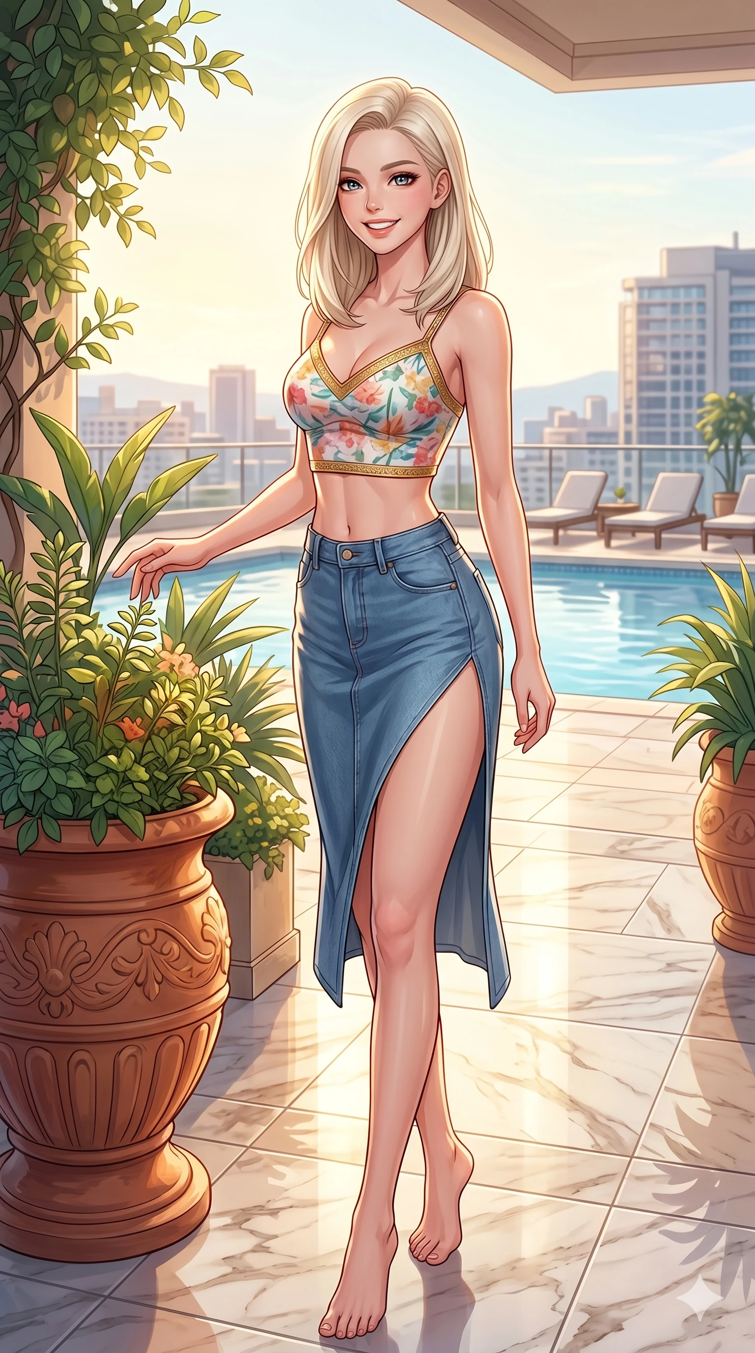 score_9, masterpiece, best quality, ultra-detailed, high-budget anime keyframe, vibrant anime aesthetic, Caucasian woman, strictly human ears. cowboy shot from the thighs up, character and outfit filling the frame for maximum presence. She is standing by a flower pot, smiling brightly while reaching out a hand playfully on a luxury hotel rooftop terrace under morning rays (Code-P20-084). She has an absolutely perfect 8-heads proportion, an exceptionally tall and slender female figure with impossibly long slender legs and an ultra-slim waist. V-shaped jawline, high-bridge nose, intricate jewel-like eyes with depth, thick eyelashes, glossy lips with a natural sheen. wearing a crop top with an exposed midriff and high-slit denim skirt. She is illuminated by direct, sparkling sunbeams reflecting off the polished marble floor. 2k, ultra detail, master piece, 9:16 ratio