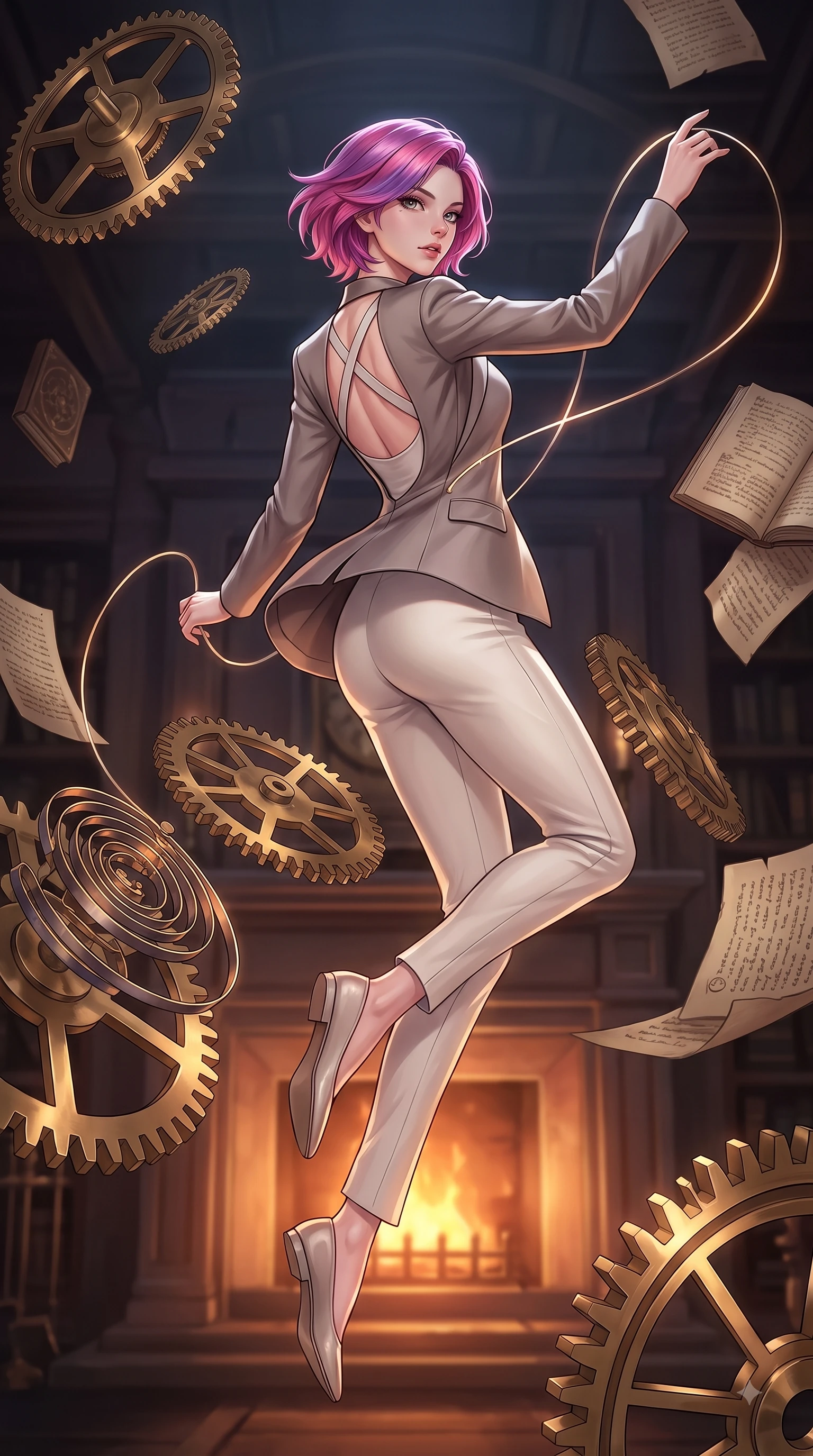 score_9, masterpiece, best quality, ultra-detailed, high-budget anime keyframe, editorial fashion photography, tasteful artistic composition, Caucasian woman. low angle full-body shot from head to toe showing her feet, filling the entire 9:16 vertical frame with her statuesque presence, stretching her vertical silhouette. pivoting dynamically in zero-gravity with fluid S-curve alignment, displaying her perfect model proportions while threading glowing clockwork spring wires in a vintage archives hall with magnetic allure, floating brass gears and clocksprings casting intricate metallic reflections. She has an absolutely perfect, statuesque 8.5-heads proportion, an exceptionally tall and slender model-like female figure with impossibly long slender legs and an ultra-slim waist. sharp v-shaped jawline, high-bridge nose, intricate jewel-like eyes with depth, thick eyelashes, glossy lips with a natural sheen, flawlessly proportioned anatomical accuracy, natural body alignment, perfectly sculpted elegant limbs, clean dynamic posture without body distortion. wearing a tailored silk blazer over a form-contouring scoop-neck top and slacks in muted taupe and soft ivory, made of fine carbon-fiber weave and soft matte leather, complemented by criss-cross back straps highlighting her bare shoulders, the form-contouring material highlighting her ultra-slim waist and long lines. surrounded by warm hearth light and dramatic bronze rim highlights. highly saturated vibrant anime colors, detailed shading with soft gradients, rich glossy textures, high-contrast stereoscopic depth, volumetric dynamic lighting, master piece, 9:16 ratio