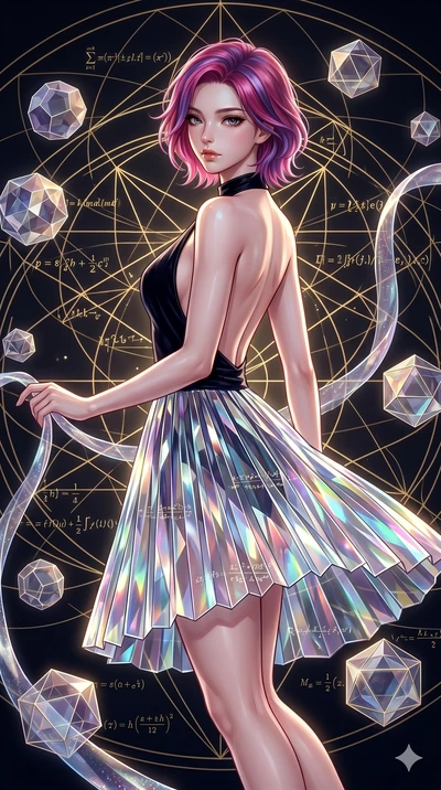score_9, masterpiece, best quality, ultra-detailed, high-budget anime keyframe, Korean woman. upper body close-up from the thighs up, character filling the screen for maximum presence. floating gracefully in a mathematical mandala void filled with go