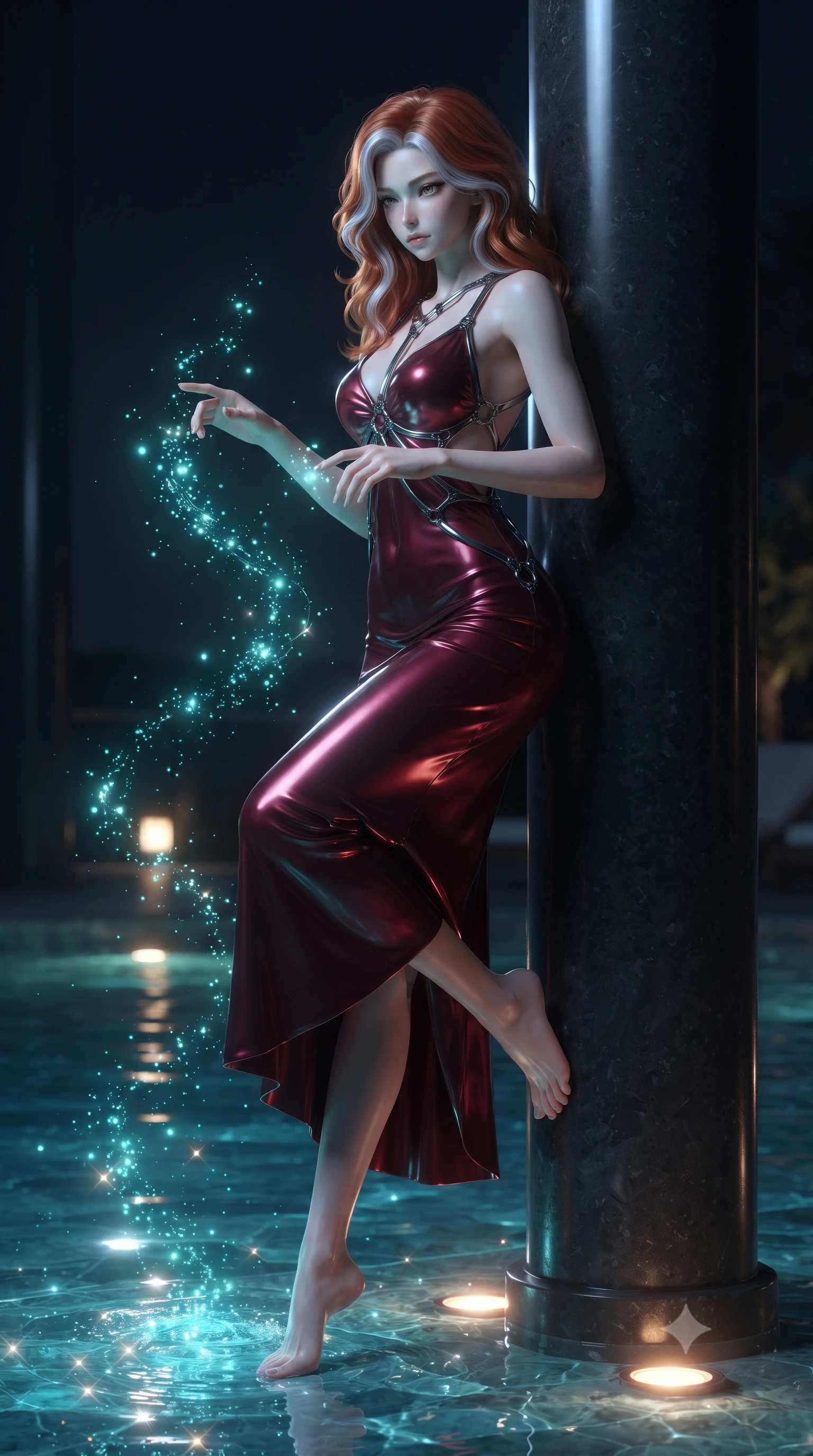 score_9, masterpiece, best quality, ultra-detailed, high-budget anime keyframe, editorial fashion photography, tasteful artistic composition, Caucasian woman. low angle full-body shot from head to toe showing her feet, filling the entire 9:16 vertical frame with her statuesque presence, stretching her vertical silhouette. interacting with glowing light particles, her long slender legs poised in motion, leaning against a polished basalt pool pillar as warm underwater lights glow, starlight reflections glinting dynamically on the crystal-clear pool surface. She has an absolutely perfect, statuesque 8.5-heads proportion, an exceptionally tall and slender model-like female figure with impossibly long slender legs and an ultra-slim waist. sharp v-shaped jawline, high-bridge nose, intricate jewel-like eyes with depth, thick eyelashes, glossy lips with a natural sheen. wearing form-contouring dark crimson liquid silk long slip dress in deep crimson burgundy, made of liquid dark mercury jersey, highlighted by a gunmetal metallic harness structure, contouring every curve with an exceptionally elegant silhouette. surrounded by a moody nocturnal ambiance with glowing aqua water highlights. ultra-reflective glossy finish, specular highlights, metallic sheen, high-contrast stereoscopic depth, volumetric dynamic lighting, 2k, ultra detail, master piece, 9:16 ratio