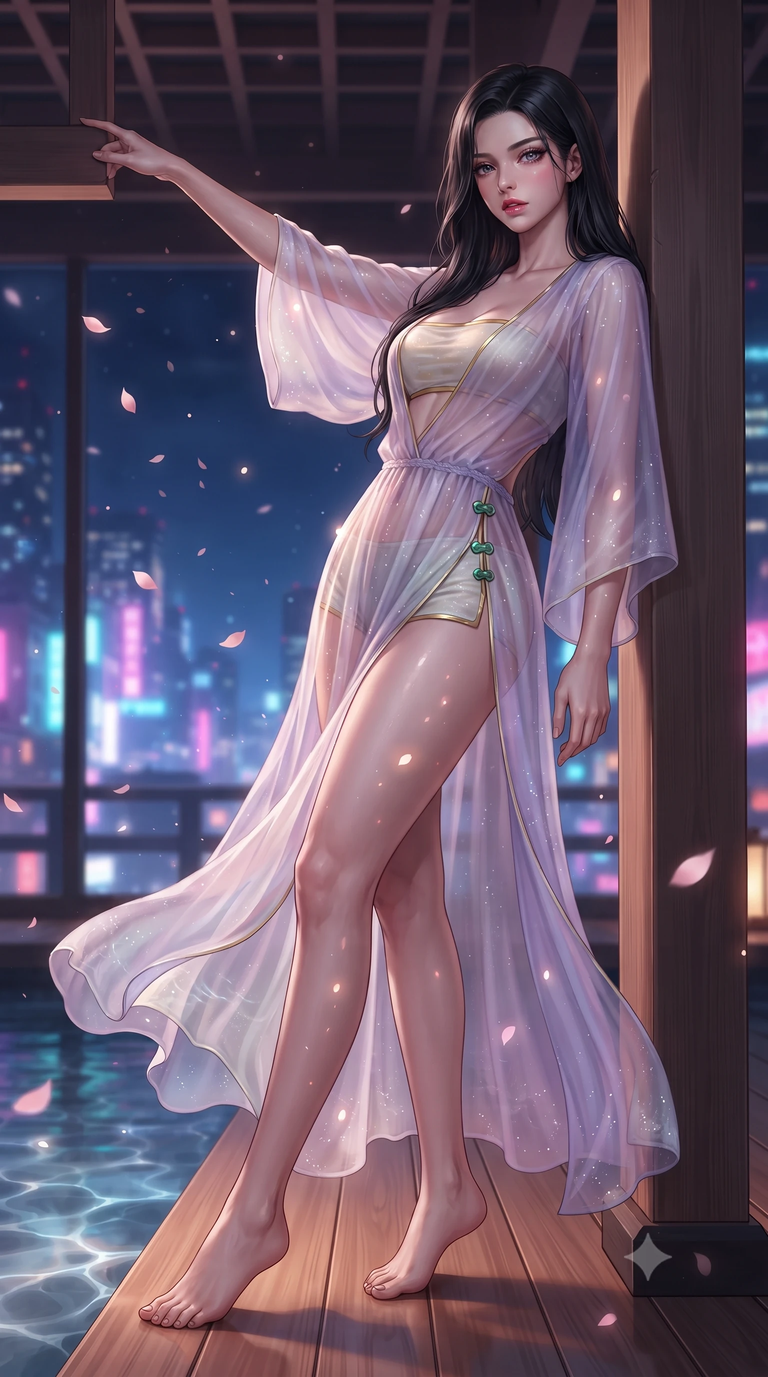 score_9, masterpiece, best quality, ultra-detailed, high-budget anime keyframe, editorial fashion photography, tasteful artistic composition, Korean woman. low angle full-body shot from head to toe showing her feet, filling the entire 9:16 vertical frame with her statuesque presence, stretching her vertical silhouette. leaning deep against the structural architecture with hips cocked in an unapologetically bold, seductive high-fashion stance while leaning back against a cedar bath partition overlooking glowing Tokyo skyscrapers, parted glossy lips reflecting pink neon lights. The composition keeps background elements in soft focus with creamy bokeh. thermal pool ripple caustics and drifting sakura petals scattering soft luminous light motes. She has an absolutely perfect, statuesque 8.5-heads proportion, an exceptionally tall and slender model-like female figure with impossibly long slender legs, a toned flat midriff, an ultra-slim waist, and beautifully sculpted feminine hips. sharp v-shaped jawline, high-bridge nose, intricate jewel-like eyes with depth, thick eyelashes, glossy parted lips with a natural sheen, intensely captivating and seductive bedroom-eyes expression, flawlessly proportioned anatomical accuracy, strict slender model proportions, natural body alignment, perfectly sculpted long slender limbs, ultra-slim waistline, clean dynamic posture without body distortion. wearing a sheer chiffon onsen coverup worn over a form-contouring gold-piped bandeau and micro-shorts in ethereal lilac mist and pearlescent white, woven from sheer cascading chiffon that ripples like water, finished with an ultra-high side slit secured by miniature jade clasps, the precision-cut side openings and low-back scoop framing her graceful spine and the sensual sweep of her hips. surrounded by an intimate, tranquil, and deeply sensual Japanese skylounge muse aura. ultra-reflective glossy finish, specular highlights, rich textural contrasts, high-contrast stereoscopic depth, volumetric dynamic lighting, 2k, ultra detail, master piece, 9:16 ratio