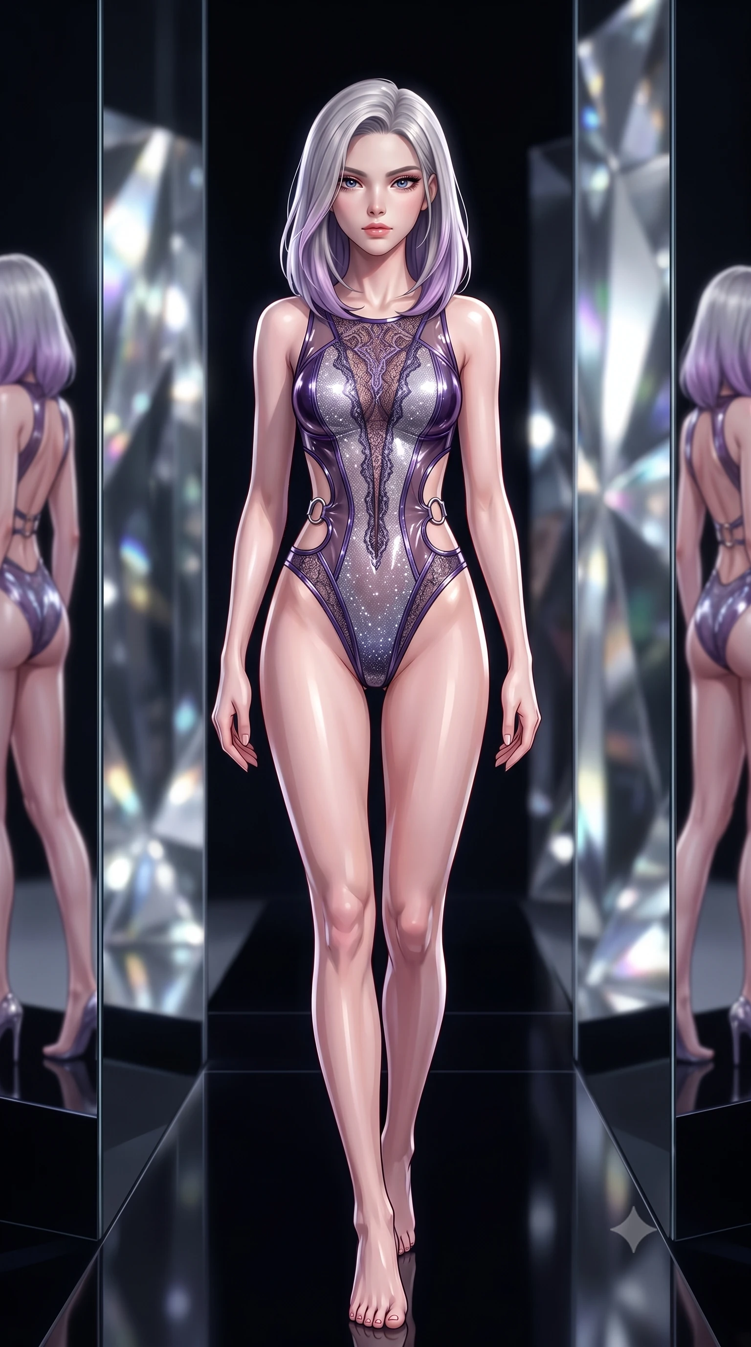 score_9, masterpiece, best quality, ultra-detailed, high-budget anime keyframe, semi-realistic 3D game render, editorial fashion photography, tasteful artistic composition, Caucasian woman. low angle full-body shot from head to toe showing her feet, filling the entire 9:16 vertical frame with her statuesque presence, stretching her vertical silhouette. striding forward in a proud, statuesque motion with a dangerous smolder, her vertical silhouette dominating the frame from head to toe while pausing at the intersection of giant glass mirrors with a haughty, smoldering editorial gaze. The composition keeps background elements in soft focus with creamy bokeh. shimmering silver prism facets and dark glass runways softened by shallow cinematic depth of field. She has an absolutely perfect, statuesque 8.5-heads proportion, an exceptionally tall and slender model-like female figure with impossibly long slender legs and an ultra-slim waist. sharp v-shaped jawline, high-bridge nose, intricate jewel-like eyes with depth, thick eyelashes, glossy lips with a natural sheen, flawlessly proportioned anatomical accuracy, natural body alignment, perfectly sculpted elegant limbs, clean dynamic posture without body distortion. wearing a high-cut translucent vinyl leotard with front paneling, exposed side-rib cutouts, and an open back in dark amethyst purple and shimmering starlight silver, crafted from delicate dark lace interwoven with luminescent micro-fibers, detailed with polished silver rings connecting the daring side-waist cutouts, the form-contouring second-skin material highlighting her ultra-slim waist and long lines. illuminated by sharp white editorial flash lighting with high-contrast reflective rim lights. highly saturated vibrant anime colors, detailed shading with soft gradients, rich glossy textures, high-contrast stereoscopic depth, volumetric dynamic lighting, master piece, 9:16 ratio