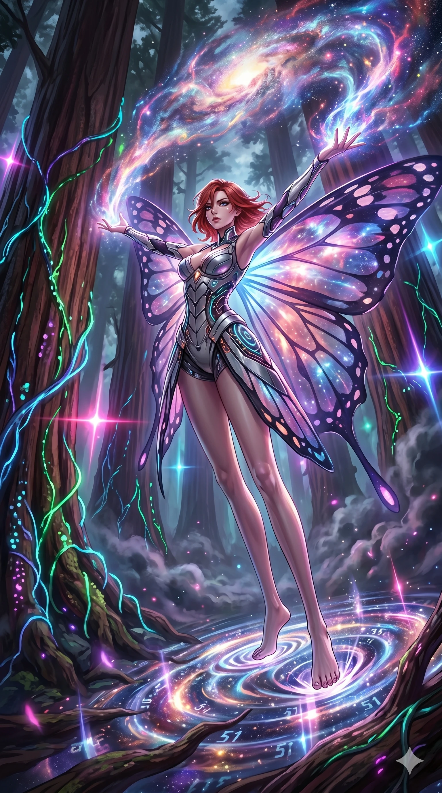 score_9, masterpiece, best quality, ultra-detailed, Set A: High-budget Anime Keyframe, Caucasian (human ears) woman. Low angle cowboy shot filling the entire 9:16 frame with her statuesque presence. Theme: Abstract Cosmic. unleashing a massive energy wave in a giant redwood forest with glowing vines, as she steps on ripples of time that distort the space 51. The atmosphere is filled with heavy smog with neon flares. She has an absolutely perfect 8-heads proportion, an exceptionally tall and slender female figure with impossibly long slender legs and an ultra-slim waist. Sharp v-shaped jawline, high-bridge nose, intricate jewel-like eyes with depth, glossy lips. Wearing Cybernetic butterfly-theme dress with glowing wing-patterned silk capes. Cinematic lighting, vivid colors, dramatic shadows, 2k, ultra detail, master piece, 9:16 ratio