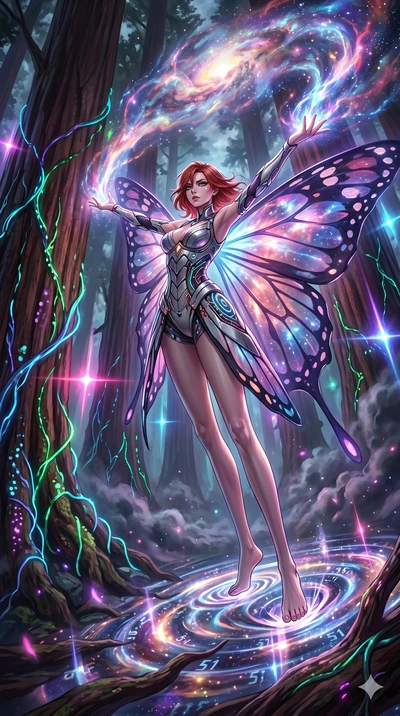 score_9, masterpiece, best quality, ultra-detailed, Set A: High-budget Anime Keyframe, Caucasian (human ears) woman. Low angle cowboy shot filling the entire 9:16 frame with her statuesque presence. Theme: Abstract Cosmic. unleashing a massive energy