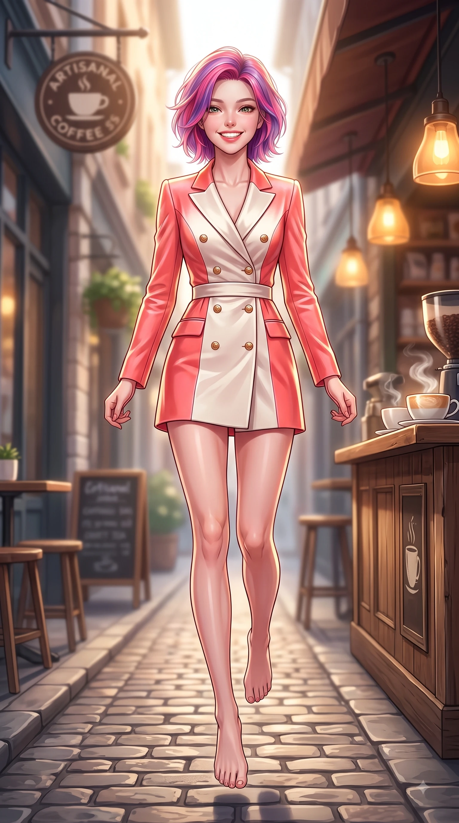 score_9, masterpiece, best quality, ultra-detailed, high-budget anime keyframe, editorial fashion photography, tasteful artistic composition, Caucasian woman. low angle full-body shot from head to toe showing her feet, filling the entire 9:16 vertical frame with her statuesque presence, stretching her vertical silhouette. leaping with pure youthful energy through the scene with a radiant bright smile, her long slender legs balanced gracefully while stepping along a quiet alley lined with artisanal coffee shops under warm sunlight. The composition keeps background elements in soft focus with dreamy bokeh. steaming latte cups and rustic coffee bar counters blurred smoothly behind her. She has an absolutely perfect, statuesque 8.5-heads proportion, an exceptionally tall and slender model-like female figure with impossibly long slender legs and an ultra-slim waist. sharp v-shaped jawline, high-bridge nose, intricate jewel-like eyes with depth, thick eyelashes, glossy lips with a natural sheen, flawlessly proportioned anatomical accuracy, natural body alignment, perfectly sculpted elegant limbs, clean dynamic posture without body distortion. wearing a tailored double-breasted blazer dress with a sleek waist belt and clean lines in vibrant coral pink and pure ivory, made of lustrous stretch velvet, adorned with delicate gold buttons along the front, the sleek second-skin texture accentuating her magnetic presence. illuminated by soft glowing amber indoor lamps and natural garden reflections. highly saturated vibrant anime colors, detailed shading with soft gradients, rich glossy textures, high-contrast stereoscopic depth, volumetric dynamic lighting, master piece, 9:16 ratio
