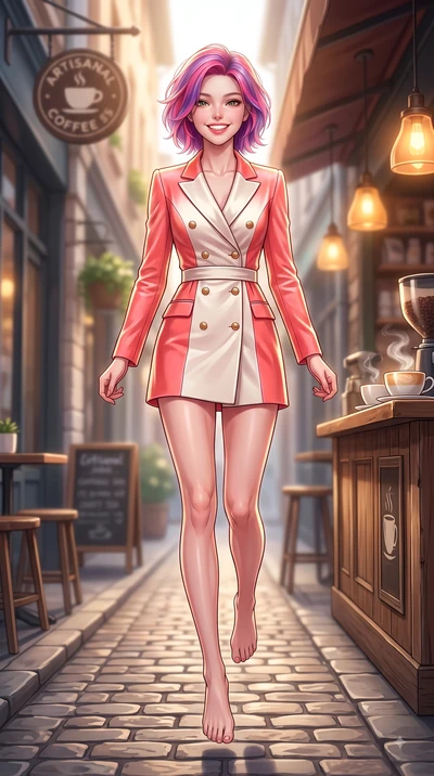 score_9, masterpiece, best quality, ultra-detailed, high-budget anime keyframe, editorial fashion photography, tasteful artistic composition, Caucasian woman. low angle full-body shot from head to toe showing her feet, filling the entire 9:16 vertica