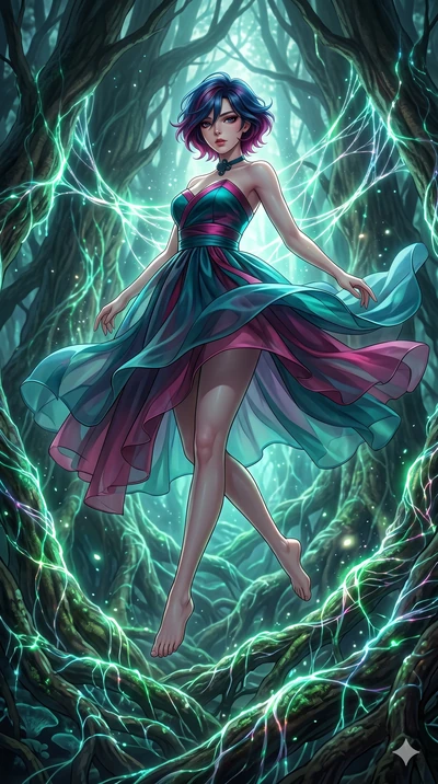 score_9, masterpiece, best quality, ultra-detailed, high-budget anime keyframe, Korean woman. low angle full-body shot filling the entire 9:16 frame with her statuesque presence, stretching the vertical silhouette. jumping amidst giant ancient tree r