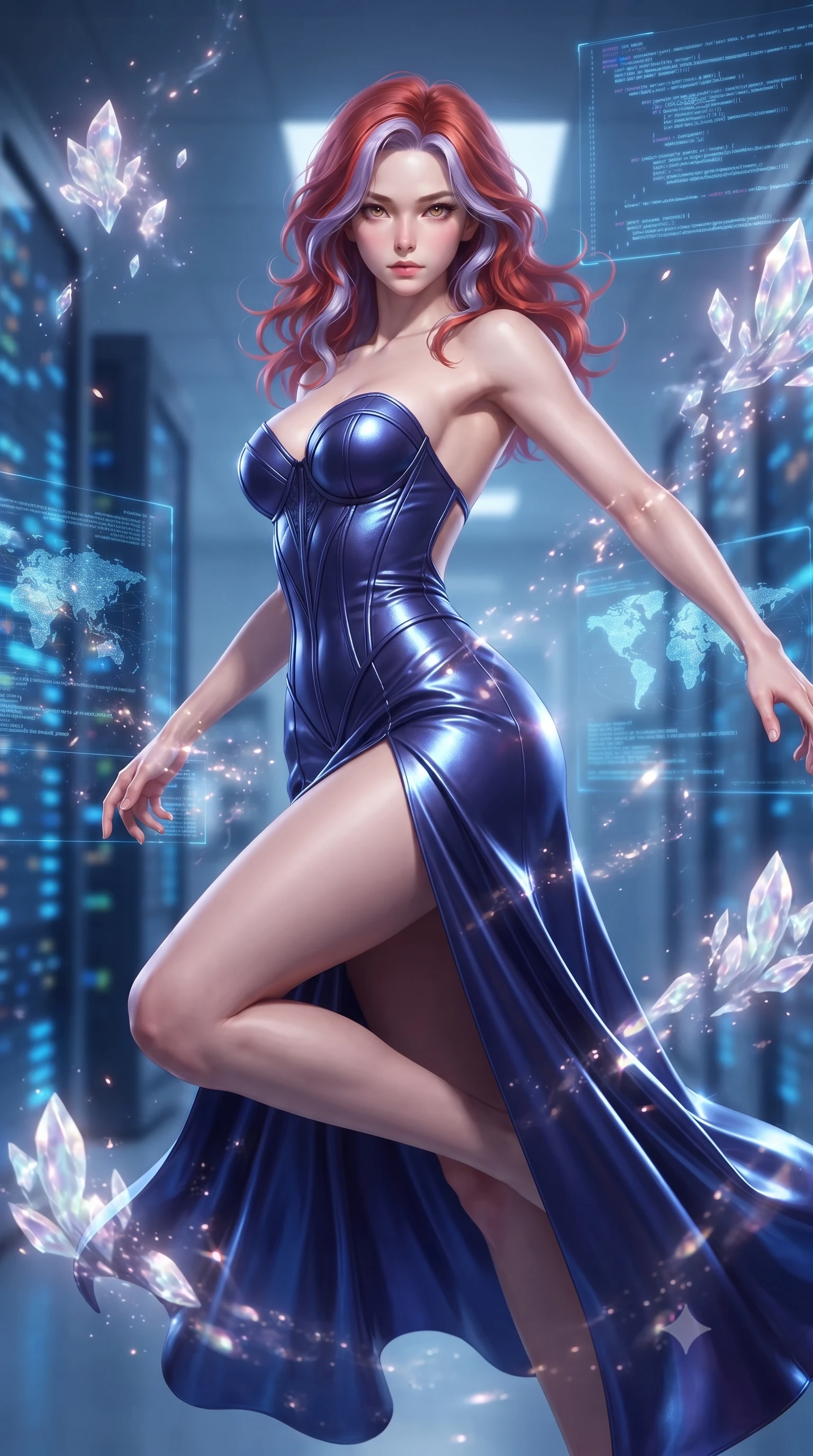 score_9, masterpiece, best quality, ultra-detailed, high-budget anime keyframe, editorial fashion photography, tasteful artistic composition, realistic cosplay photography, Caucasian woman, strictly human ears. close-up cowboy shot from the waist and thighs up, the character dominates the composition, filling the frame with her large presence, background elements kept in soft focus. Leaping into the camera's view with an aggressive, mid-action strike pose. set against a soft-focus background of a server room with towering pillars of blue data lights, where holographic projections of code and maps spin in the air. She has an exceptionally elegant and slender, willowy female figure with an ultra-slim waist, a gracefully sculpted slender torso, and a refined slim physique. sharp v-shaped jawline, high-bridge nose, intricate jewel-like eyes with depth, thick eyelashes, glossy lips with a natural sheen. wearing catching and diffusing the glowing particles, shimmering softly in response to the surrounding light, a form-contouring structured bustier gown in deep indigo blue, featuring a boned bodice, a daring high front slit, and an open back. ethereal pearlescent light emanating from floating crystalline formations all around. ultra-reflective glossy finish, specular highlights, metallic sheen, high-contrast stereoscopic depth, volumetric dynamic lighting, 2k, ultra detail, master piece, 9:16 ratio