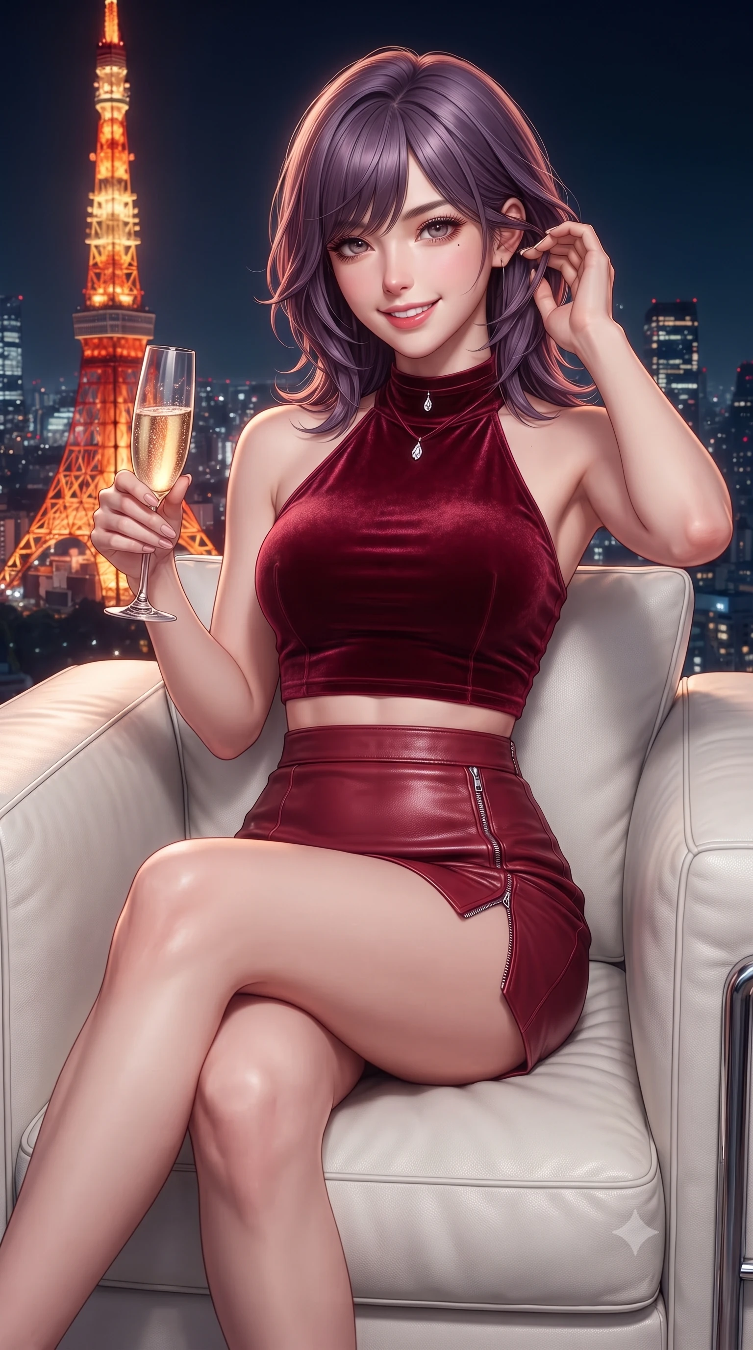 score_9, masterpiece, best quality, ultra-detailed, high-budget anime keyframe, editorial fashion photography, tasteful artistic composition, Japanese woman. close-up cowboy shot from the waist and thighs up, the character dominates the composition, filling the frame with her large presence. gently brushing a lock of hair behind her ear while casting a playful, flirtatious side-gaze with long eyelashes while lounging in an oversized white leather designer armchair with legs crossed, holding a glass of champagne with sovereign supermodel cool. The surrounding environment is rendered in vivid detail and crisp panoramic clarity: detailed wet-look vinyl bustier texture, sheer wrap mini skirt drape, and architectural precision in high resolution. She has an exceptionally elegant, slender, and willowy female figure with an ultra-slim waist, flat toned midriff, narrow ribcage, and sculpted feminine hips creating an alluring, slim hourglass silhouette without bulk. sharp v-shaped jawline, high-bridge nose, intricate jewel-like sparkling eyes with depth, thick eyelashes, glossy parted lips with a natural peach sheen, bright cheerful beaming smile with an enchanting and coquettish sensual glint, exuding both youthful cute charm and seductive allure, flawlessly proportioned anatomical accuracy, strict slender model proportions, natural body alignment, perfectly sculpted long slender limbs, ultra-slim waistline, clean dynamic posture without body distortion. wearing a high-neck cropped halter top in stretch velvet paired with a high-waisted leather mini skirt with side zip slit in rich ruby crimson and dark brushed titanium, crafted from fluid liquid silk satin that clings smoothly to her narrow waist and rounded hips with a dewy sheen, finished with a thin velvet ribbon choker and a single teardrop diamond pendant, the second-skin tailored fabric adhering flawlessly to her sculpted flat midriff and slender torso, emphasizing her long leg lines and perfectly proportioned willowy build. bathed in the warm radiant orange-scarlet beacon glow of Tokyo Tower contrasted with deep midnight sky. ultra-reflective glossy finish, specular highlights, rich textural contrasts, high-contrast stereoscopic depth, volumetric dynamic lighting, 2k, ultra detail, master piece, 9:16 ratio