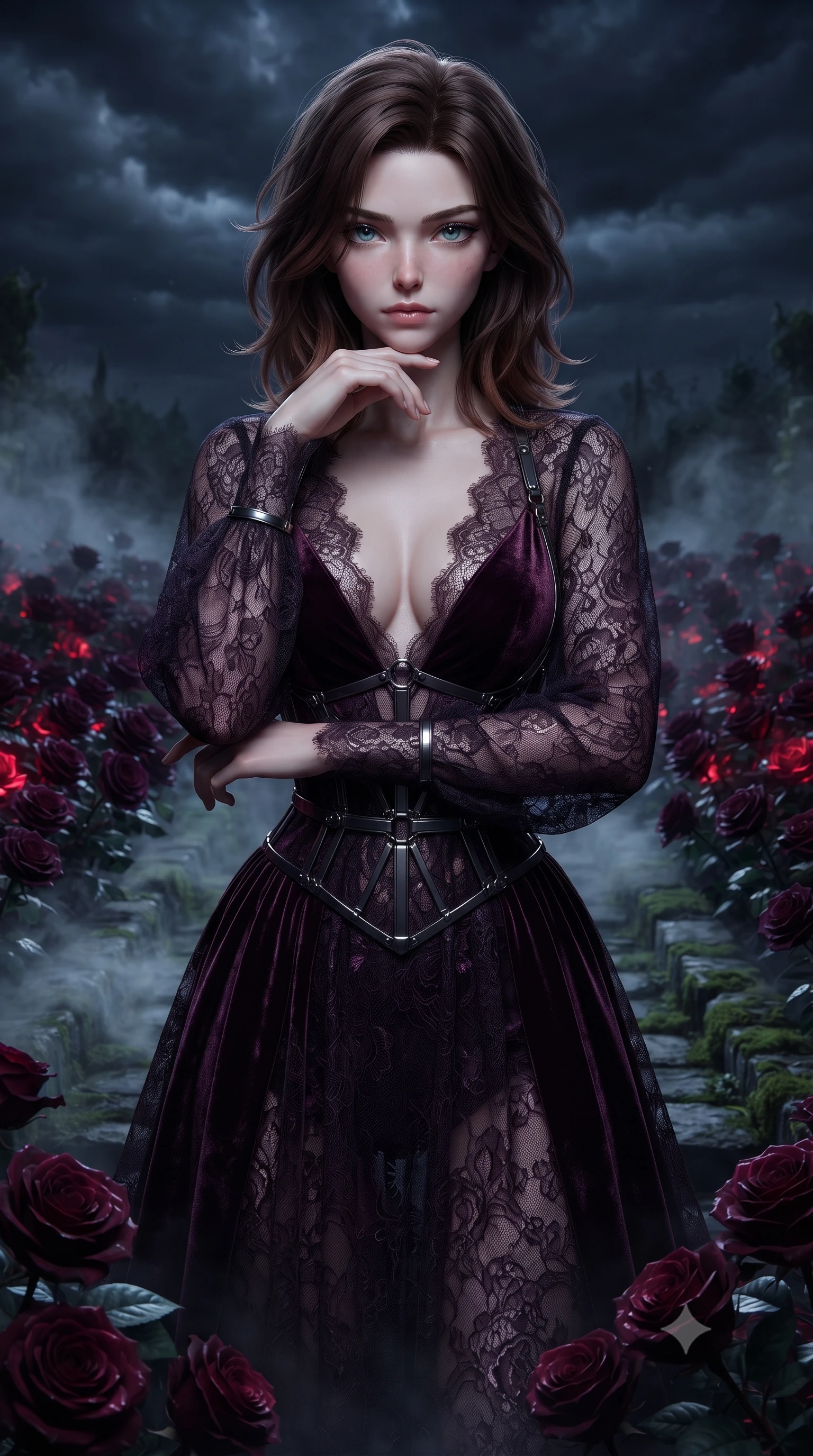 score_9, masterpiece, best quality, ultra-detailed, high-budget anime keyframe, editorial fashion photography, tasteful artistic composition, Korean woman. close-up cowboy shot from the waist and thighs up, the character dominates the composition, filling the frame with her large presence, background elements kept in soft focus. Resting her chin on the backs of her fingers with an air of effortless superiority, standing amidst a bed of dark velvet roses under a stormy night sky, thick midnight mist swirling along dark mossy stone pathways. She has an exceptionally elegant, slender, and willowy female figure with an ultra-slim waist, a gracefully sculpted slender torso, and a refined silhouette. sharp v-shaped jawline, high-bridge nose, intricate jewel-like eyes with depth, thick eyelashes, glossy lips with a natural sheen. wearing gothic nebula sheer dark lace gown with plunging neckline in dark plum violet, made of crushed dark silk velvet, highlighted by a gunmetal metallic harness structure, the fitted fabric emphasizing her ultra-slim waist. bathed in eerie red rose bioluminescence and deep pitch-black shadows. highly saturated vibrant anime colors, detailed shading with soft gradients, rich glossy textures, high-contrast stereoscopic depth, volumetric dynamic lighting, master piece, 9:16 ratio
