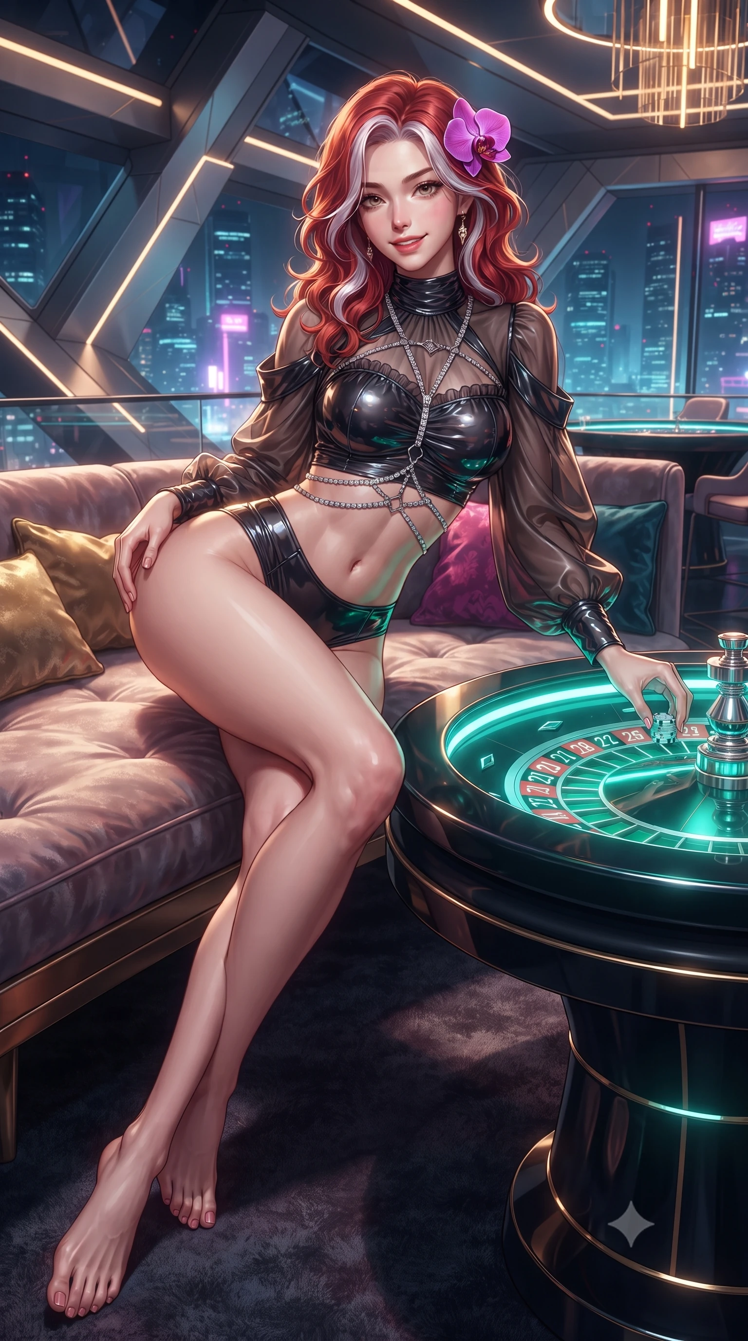 score_9, masterpiece, best quality, ultra-detailed, high-budget anime keyframe, editorial fashion photography, tasteful artistic composition, Caucasian woman. low angle full-body shot from head to toe showing her feet, filling the entire 9:16 vertical frame with her statuesque presence, stretching her vertical silhouette. lounging on the lavish daybed with legs crossed and hips angled toward the camera, displaying her toned midriff and long slender limbs with effortless siren poise while leaning over the glowing emerald roulette wheel while arching her lower back to accentuate her curvy hips, placing a high-stakes platinum chip. The surrounding environment is rendered in vivid detail and crisp panoramic clarity: detailed liquid metallic lamé slip dress cling, diamond body harness shine, and futuristic penthouse casino architecture in razor-sharp precision. She has an absolutely perfect, statuesque 8.5-heads proportion, an exceptionally tall and slender model-like female figure with impossibly long slender legs, an ultra-slim waist, a flat toned midriff, narrow delicate ribcage, and beautifully sculpted feminine hips creating a graceful, slim hourglass silhouette without any bulky heaviness. sharp v-shaped jawline, high-bridge nose, sparkling eyes with hypnotic seductive depth, thick curled eyelashes, glossy parted lips with a natural dewy peach sheen, alluring bedroom-eyes with an enchanting coquettish smile, exuding magnetic siren charisma and sophisticated glamour, flawlessly proportioned anatomical accuracy, strict slender model proportions, natural body alignment, perfectly sculpted long slender limbs, ultra-slim waistline, clean dynamic posture without body distortion. wearing an off-the-shoulder sheer peasant crop blouse with ruched neckline paired with tight high-waisted linen briefs in sunlit daisy yellow and gardenia cream with olive accents, crafted from wet-look high-gloss vinyl fabric with dazzling specular surface reflections, accented with a fresh-bloomed exotic magenta orchid tucked gracefully into her dark glossy hair, the glove-like clinging cut tightly following the natural contour of her hips and long slender legs with youthful 8.5-heads elegance. illuminated by city skyline neon reflections and sharp warm-gold rim lights sculpting her razor-sharp jawline, narrow waist, and curvy hips. ultra-reflective glossy finish, specular highlights, rich textural contrasts, high-contrast stereoscopic depth, volumetric dynamic lighting, 2k, ultra detail, master piece, 9:16 ratio