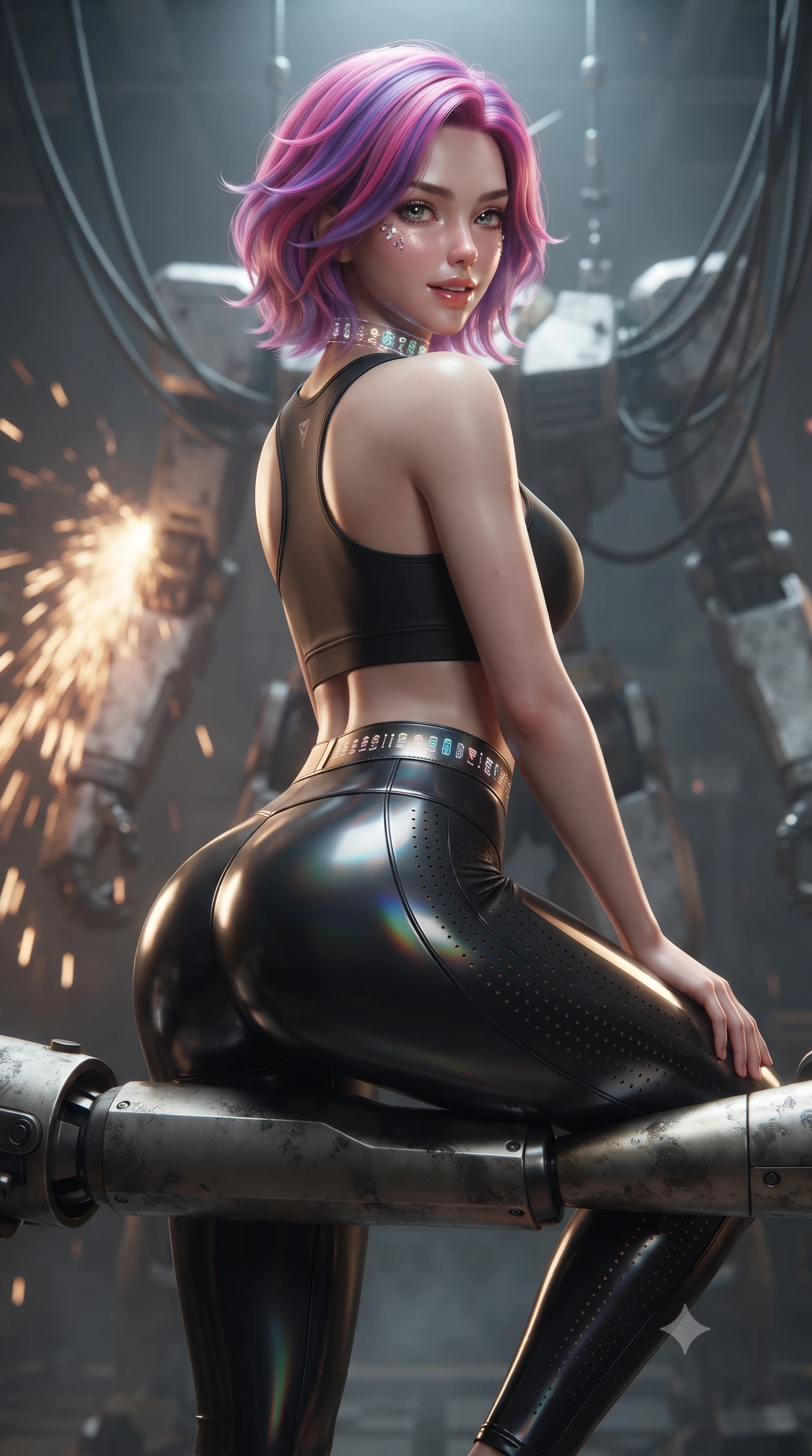 score_9, masterpiece, best quality, ultra-detailed, high-budget anime keyframe, editorial fashion photography, tasteful artistic composition, Caucasian woman. close-up cowboy shot from the waist and thighs up, the character dominates the composition, filling the frame with her large presence. turning slowly with a smoldering smile, her sleek hair catching the cockpit HUD rim light as her hips angle gracefully in a captivating contrapposto while perching on the arm of a colossal suspended humanoid mech frame, arching her lower back with a playful, confident smile and bedroom-eyes. The background shows a soft-focus cascading welding sparks and suspended hydraulic umbilical cables softened in gritty mecha-hangar shallow focus. She has an exceptionally elegant, slender, and willowy female figure with an ultra-slim waist, flat toned midriff, narrow ribcage, and sculpted feminine hips creating an alluring, slim hourglass silhouette without bulk. sharp v-shaped jawline, high-bridge nose, intricate jewel-like sparkling eyes with depth, thick eyelashes, glossy parted lips with a natural sheen, bright confident smile with an enchanting and coquettish sensual glint, exuding both youthful magnetic charm and sovereign high-tech allure, flawlessly proportioned anatomical accuracy, strict slender model proportions, natural body alignment, perfectly sculpted long slender limbs, ultra-slim waistline, clean dynamic posture without body distortion. wearing a tactical racerback athletic crop top paired with skin-tight high-waisted holographic combat leggings in glossy onyx black and warm champagne gold hardware, made of high-grade ballistic nylon with precision laser-cut perforations, complemented by a high-tech holographic choker projecting miniature glyphs, the liquid-tight tailored fabric clinging flawlessly to her narrow waist and rounded feminine hips, emphasizing every millimeter of her sculpted slim hourglass curves without any bulky heaviness. illuminated by floor warning lights and sharp platinum rim lights carving her razor-sharp jawline, narrow waist, and curvy hips. ultra-reflective glossy finish, specular highlights, rich textural contrasts, high-contrast stereoscopic depth, volumetric dynamic lighting, 2k, ultra detail, master piece, 9:16 ratio