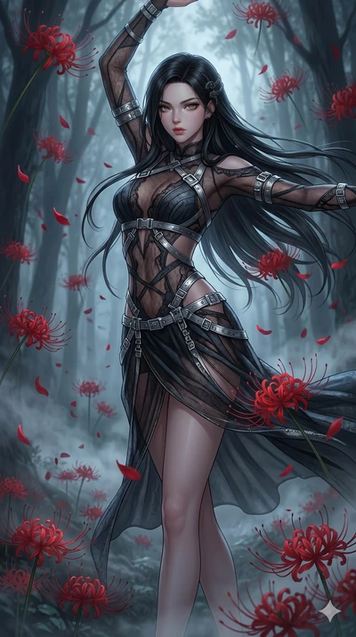 score_9, masterpiece, best quality, ultra-detailed, High-budget Anime Keyframe, East Asian woman. Low angle cowboy shot filling the entire 9:16 frame with her statuesque presence. Scenario 85: Dancing amidst falling red spider lilies in a misty dark 