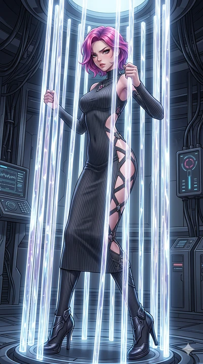 score_9, masterpiece, best quality, ultra-detailed, High-budget Anime Keyframe, East Asian woman. Dynamic full-body shot stretching the vertical silhouette to the limit. Scenario 202: Trapped in a cage of glowing crystalline fibers, body pressing aga