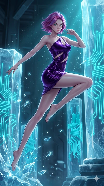 score_9, masterpiece, best quality, ultra-detailed, high-budget anime keyframe, Korean woman. low angle full-body shot filling the entire 9:16 frame with her statuesque presence, stretching the vertical silhouette. leaping inside a sub-zero cyberneti