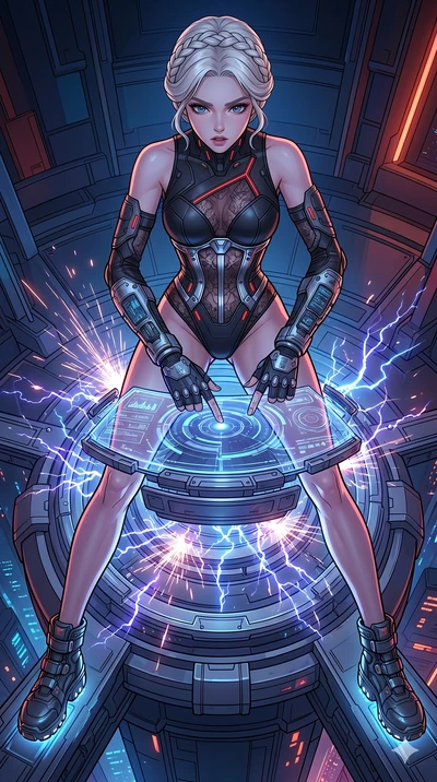 score_9, masterpiece, best quality, ultra-detailed, high-budget anime movie keyframe, cinematic anime lighting, intricate line art, Korean anime girl. Extreme high angle shot as she leaps towards the camera, filling the frame. operating a teleportati