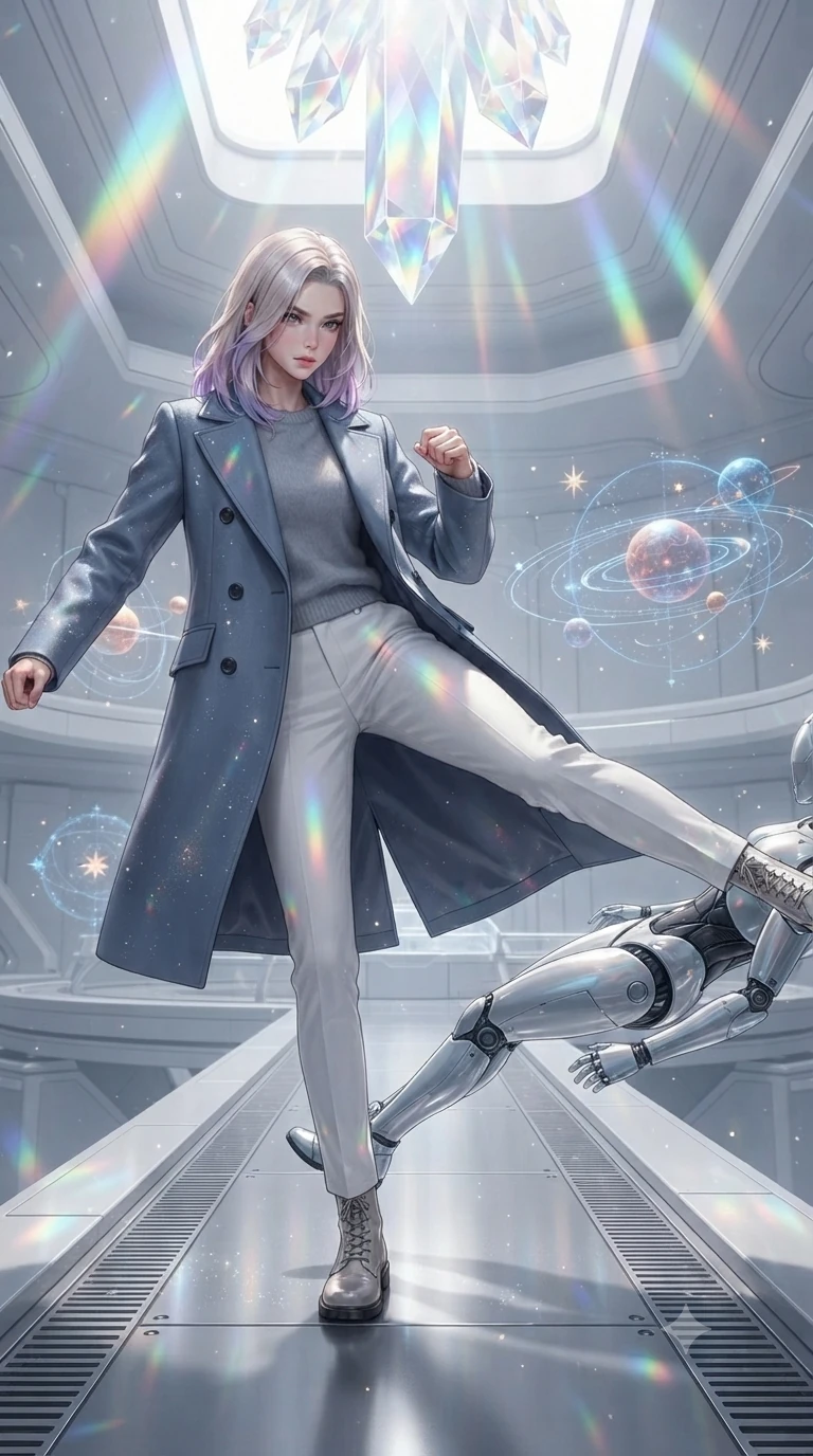 score_9, masterpiece, best quality, ultra-detailed, high-budget anime keyframe, editorial fashion photography, tasteful artistic composition, realistic cosplay photography, Caucasian woman, strictly human ears. low angle full-body shot from head to toe showing her feet, filling the entire 9:16 vertical frame with her statuesque presence, stretching her vertical silhouette. executing a lightning-fast low sweep kick to knock down a security android on a metal catwalk within a vast white gallery where three-dimensional holographic models of planets and stars rotate in the air. She has a statuesque 8.5-heads proportion, an exceptionally tall, slender and willowy model-like build with impossibly long legs and a highly sculpted ultra-slim waist. sharp v-shaped jawline, high-bridge nose, intricate jewel-like eyes with depth, thick eyelashes, glossy lips with a natural sheen. wearing catching and diffusing the glowing particles, shimmering softly in response to the surrounding light, a tailored structured double-breasted coat in slate blue over a soft grey cashmere sweater and white slim trousers. cascading rainbow prismatic light refracting through crystal formations overhead. ultra-reflective glossy finish, specular highlights, metallic sheen, high-contrast stereoscopic depth, volumetric dynamic lighting, 2k, ultra detail, master piece, 9:16 ratio