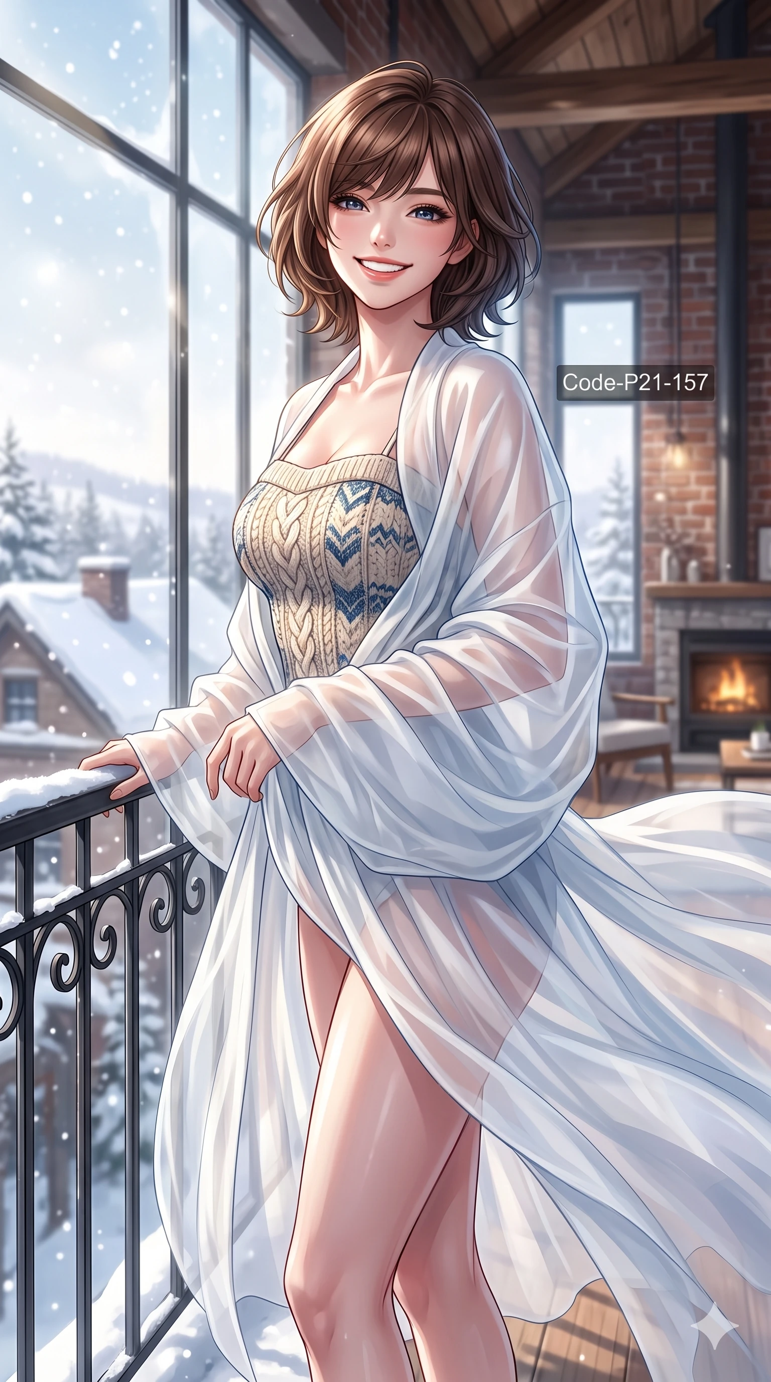 score_9, masterpiece, best quality, ultra-detailed, high-budget anime keyframe, vibrant anime aesthetic, Korean woman. cowboy shot from the thighs up, character and outfit filling the frame for maximum presence. She is standing on the balcony, looking at the camera with a confident, radiant winter smile inside a loft apartment with snowy panoramic windows (Code-P21-157). She has an absolutely perfect 8-heads proportion, an exceptionally tall and slender female figure with impossibly long slender legs and an ultra-slim waist. V-shaped jawline, high-bridge nose, intricate jewel-like eyes with depth, thick eyelashes, glossy lips with a natural sheen. wearing a patterned textured knit-inspired structured bodice top paired with a translucent wrap in winter. She is bright winter sunbeams casting soft highlights on her athletic form at the terrace. 2k, ultra detail, master piece, 9:16 ratio