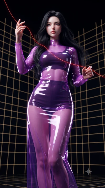 score_9, masterpiece, best quality, ultra-detailed, High-budget Anime Keyframe, editorial fashion photography, tasteful artistic composition, realistic cosplay photography, East Asian woman. Low angle cowboy shot filling the entire 9:16 frame with he