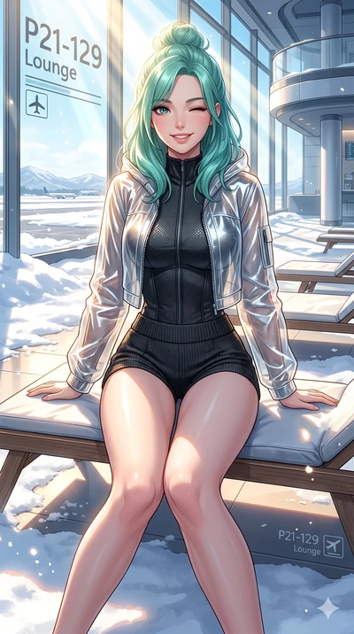score_9, masterpiece, best quality, ultra-detailed, high-budget anime keyframe, vibrant anime aesthetic, Japanese woman. cowboy shot from the thighs up, character and outfit filling the frame for maximum presence. She is sitting on a resort sunbed, w