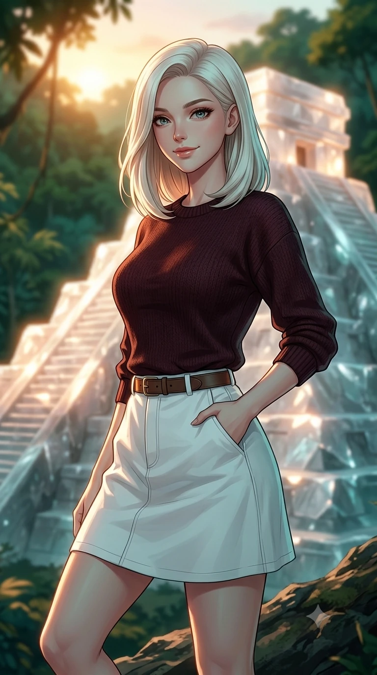 score_9, masterpiece, best quality, ultra-detailed, high-budget anime keyframe, editorial fashion photography, tasteful artistic composition, Caucasian woman, strictly human ears. close-up cowboy shot from the waist and thighs up, the character dominates the composition, filling the frame with her large presence, background elements kept in soft focus. Casting a soft, warm, affectionate smile with glowing eyes. set against a soft-focus background of atop a Mayan step pyramid made entirely of raw white quartz crystal in the heart of the Yucatan jungle, reflecting the sunrise over the emerald canopy. She has an exceptionally elegant, slender, and willowy female figure with a highly-defined ultra-slim waist, a gracefully sculpted slender torso, and a refined slim-fit silhouette that contours her form. sharp v-shaped jawline, high-bridge nose, intricate jewel-like eyes with depth, thick eyelashes, glossy lips with a natural sheen. wearing a form-fitting dark burgundy knit sweater with a relaxed fit, paired with a white cotton poplin skirt and a leather belt. warm amber rim lighting combined with cool teal fill light creating dramatic contrast. 2k, ultra detail, master piece, 9:16 ratio