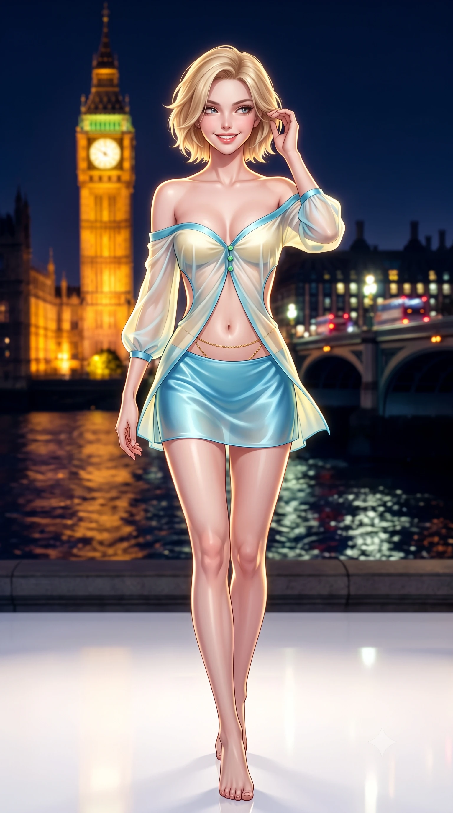score_9, masterpiece, best quality, ultra-detailed, high-budget anime keyframe, semi-realistic 3D game render, editorial fashion photography, tasteful artistic composition, Caucasian woman. close-up cowboy shot from the waist and thighs up, the character dominates the composition, filling the frame with her large presence. gently brushing a lock of hair behind her ear while casting a playful, flirtatious side-gaze with long eyelashes while walking slowly across the polished white resin floor with tall model strides, river lights reflecting beneath her long slender legs. The background shows a soft-focus golden illuminated clock face and gothic spires of Big Ben, Westminster Bridge vehicle headlights reflecting on dark Thames waves blurred into electric gold, ruby, and sapphire bokeh. She has an exceptionally elegant, slender, and willowy female figure with an ultra-slim waist, flat toned midriff, narrow ribcage, and sculpted feminine hips creating an alluring, slim hourglass silhouette without bulk. sharp v-shaped jawline, high-bridge nose, intricate jewel-like sparkling eyes with depth, thick eyelashes, glossy parted lips with a natural peach sheen, bright cheerful beaming smile with an enchanting and coquettish sensual glint, exuding both youthful cute charm and seductive allure, flawlessly proportioned anatomical accuracy, strict slender model proportions, natural body alignment, perfectly sculpted long slender limbs, ultra-slim waistline, clean dynamic posture without body distortion. wearing an alluring semi-sheer silk chiffon boudoir peignoir slipping off bare shoulders with delicate jade button accents in Positano lemon blossom ivory and Mediterranean azure, crafted from fluid liquid silk satin that clings smoothly to her narrow waist and rounded hips with a dewy sheen, accented with a dainty gold belly chain resting across her flat midriff and curving hips, the precision-cut side openings and low-back scoop framing her graceful spine and the sensual sweep of her slim, toned hips. illuminated by floor specular reflection bounce and sharp platinum-gold rim lights sculpting her jawline, narrow waist, and curvy hips. highly saturated vibrant anime colors, detailed shading with soft gradients, rich glossy textures, high-contrast stereoscopic depth, volumetric dynamic lighting, master piece, 9:16 ratio