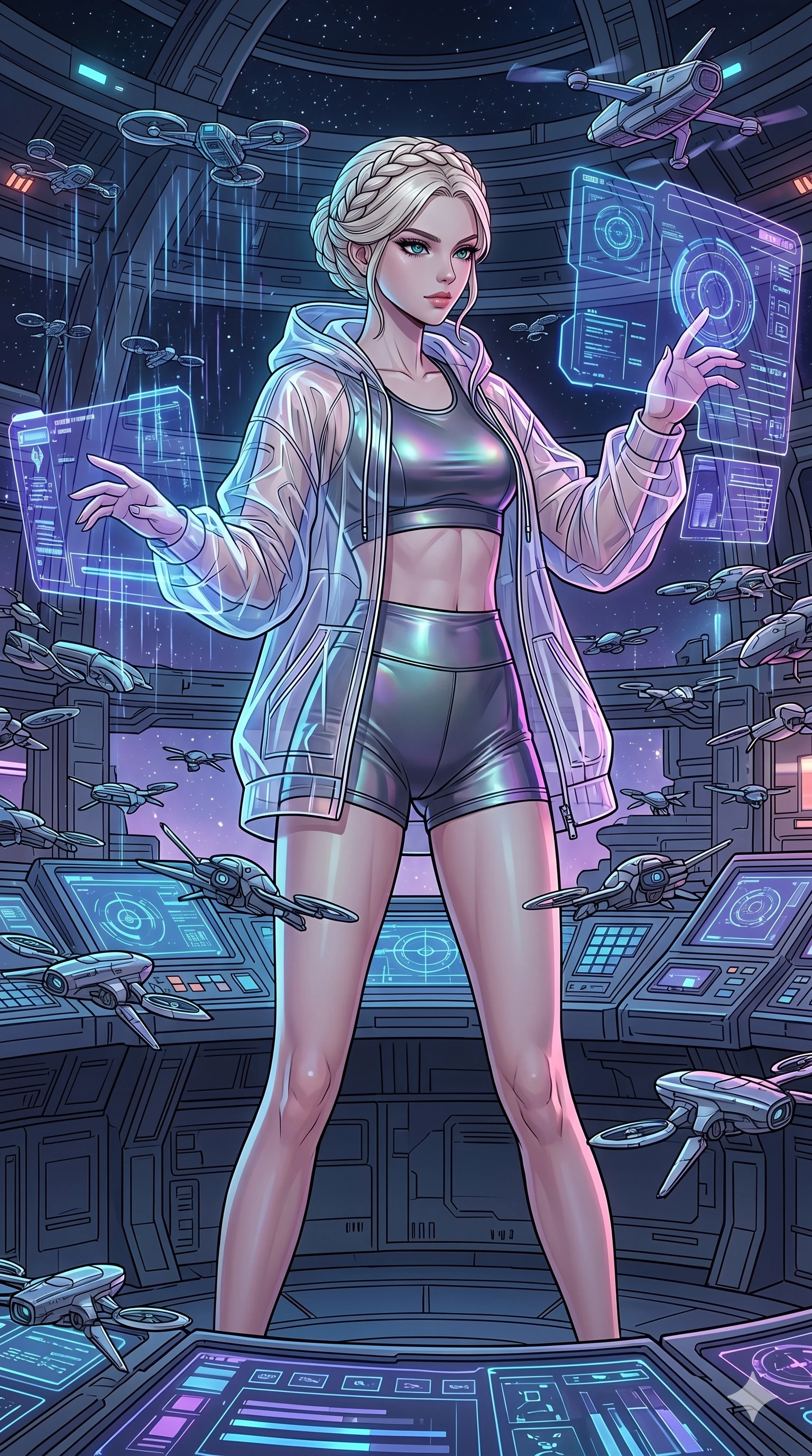 score_9, masterpiece, best quality, ultra-detailed, high-budget anime movie keyframe, cinematic anime lighting, intricate line art, Caucasian (strictly human ears) woman. Medium shot of upper body capturing the intricate details of her high-fashion attire. commanding a drone swarm in a futuristic orbital station with holographic rain. She has an absolutely perfect 8-heads proportion, an exceptionally tall and slender female figure with an ultra-slim waist and impossibly long slender legs. sharp v-shaped jawline, high-bridge nose, intricate jewel-like eyes, thick eyelashes, glossy lips. Wearing premium athleisure set with a metallic-finish compression top, high-cut yoga shorts that accentuate her long legs, and a sheer oversized hoodie. The scene is illuminated by dramatic atmospheric lighting and vibrant color palettes. , 2k, ultra detail, master piece, 9:16 ratio