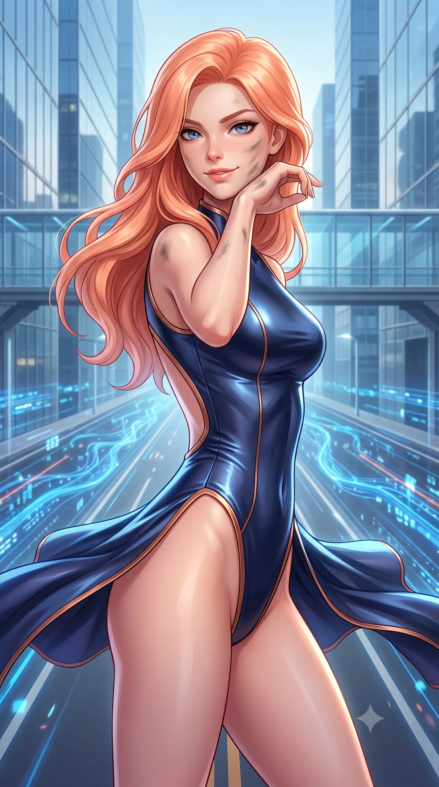 score_9, masterpiece, best quality, ultra-detailed, high-budget anime keyframe, editorial fashion photography, tasteful artistic composition, Japanese woman. close-up cowboy shot from the waist and thighs up, the character dominates the composition, filling the frame with her large presence, background elements kept in soft focus. Defiantly wiping oil and stardust from her jawline with a confident, victorious smirk. set against a soft-focus background of an elevated glass skyway between mirror-clad skyscrapers, blue data streams and light paths flowing in channels along the road. She has an exceptionally elegant and slender, willowy female figure with an ultra-slim waist, a gracefully sculpted slender torso, and a refined slim physique. sharp v-shaped jawline, high-bridge nose, intricate jewel-like eyes with depth, thick eyelashes, glossy lips with a natural sheen. wearing the lightweight fabric rippling and billowing dramatically with her movement, a slim-fit one-piece style bodysuit in metallic navy with copper trim, featuring high-cut legs and an open-back design. highly saturated vibrant anime colors, intense vivid color palette, soft 3D volumetric shading, volumetric dynamic lighting, soft glowing ambient light with sharp side key light tracing the sleek contours of her figure. 2k, ultra detail, master piece, 9:16 ratio