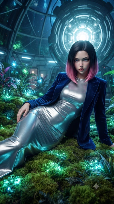 score_9, masterpiece, best quality, ultra-detailed, High-budget Anime Keyframe, editorial fashion photography, tasteful artistic composition, realistic cosplay photography, East Asian woman. Low angle cowboy shot filling the entire 9:16 frame with he